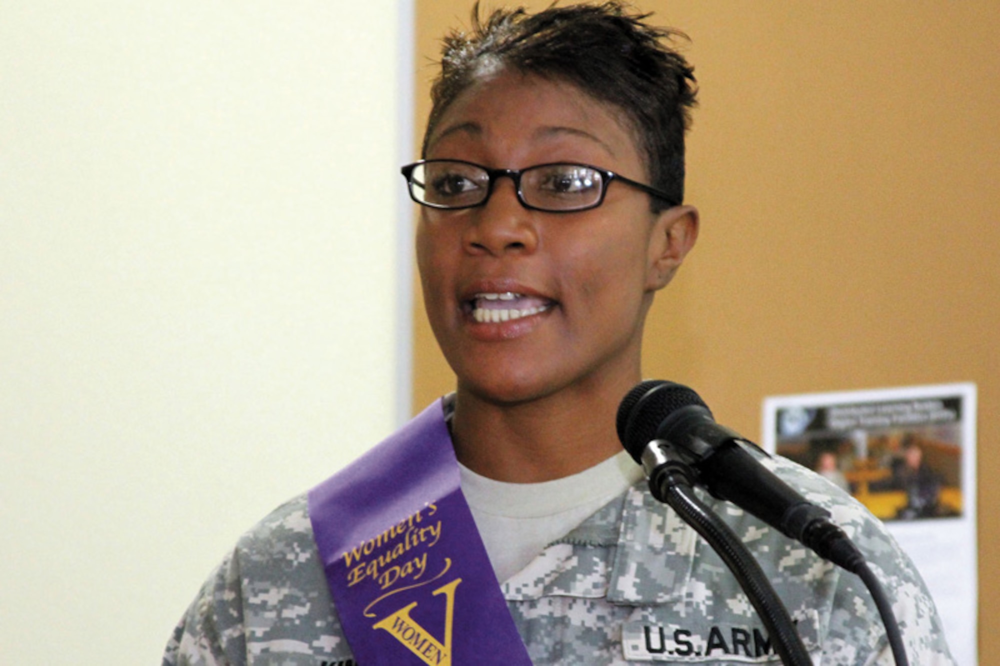 Army Staff Sgt. Sophia King, 793rd Military Police Battalion, delivers opening remarks
at Joint Base Elmendorf-Richardson’s Women’s Equality Day observance Aug. 26.
(U.S. Army photo/Staff Sgt. Jason Epperson)
