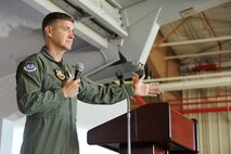 Maj. Gen. Stephen Hoog, 9th Air Force commander, speaks to Team Seymour's Airmen at a 4th Fighter Wing All Call on Seymour Johnson Air Force Base, N.C., Aug. 31, 2011. Hoog discussed and answered questions about the future Air Force. (U.S. Air Force photo by Senior Airman Whitney Lambert/Released)
