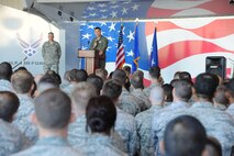 Maj. Gen. Stephen Hoog, 9th Air Force commander, speaks to Team Seymour's Airmen at a 4th Fighter Wing All Call on Seymour Johnson Air Force Base, N.C., Aug. 31, 2011. Hoog thanks Airmen for their accomplishments, hard work and efforts as he bid farewell to the 9AF to continue his career in Alaska as the 11AF commander. (U.S. Air Force photo by Senior Airman Whitney Lambert/Released)