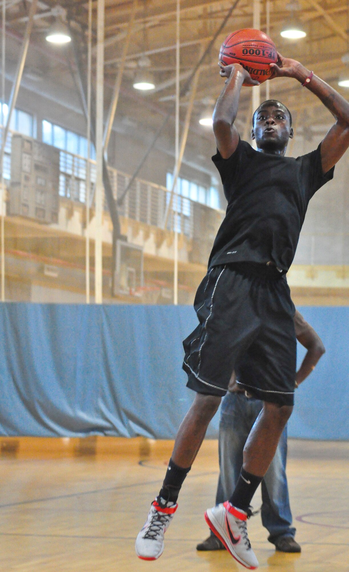 Tryouts for the men's base basketball team continue Aug. 27 and 28 in the base gym. The coaches ran the players through basic offensive and defense drills. For those interested in trying out for the team call the fitness center at 784-5568. (U.S. Air Force photo/Tech. Sgt. Chad Thompson)