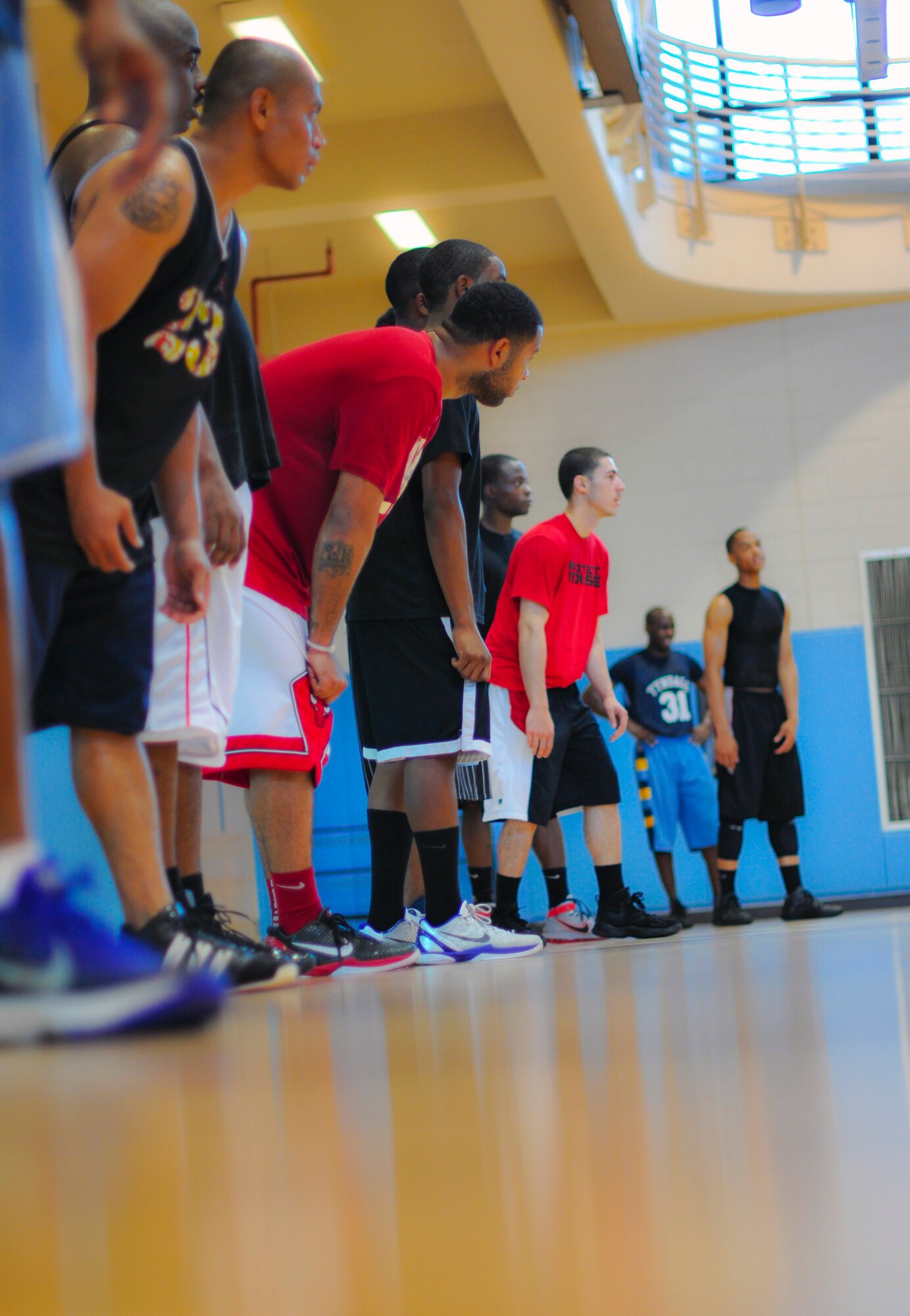 Tryouts for the men's base basketball team continue Aug. 27 and 28 in the base gym. The coaches ran the players through basic offensive and defense drills. For those interested in trying out for the team call the fitness center at 784-5568. (U.S. Air Force photo/Tech. Sgt. Chad Thompson)