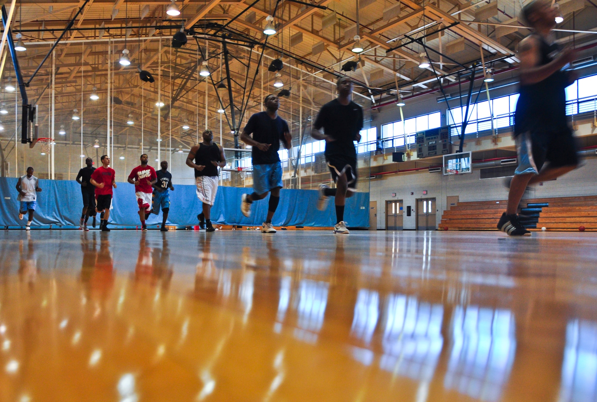Tryouts for the men's base basketball team continue Aug. 27 and 28 in the base gym. The coaches ran the players through basic offensive and defense drills. For those interested in trying out for the team call the fitness center at 784-5568. (U.S. Air Force photo/Tech. Sgt. Chad Thompson)