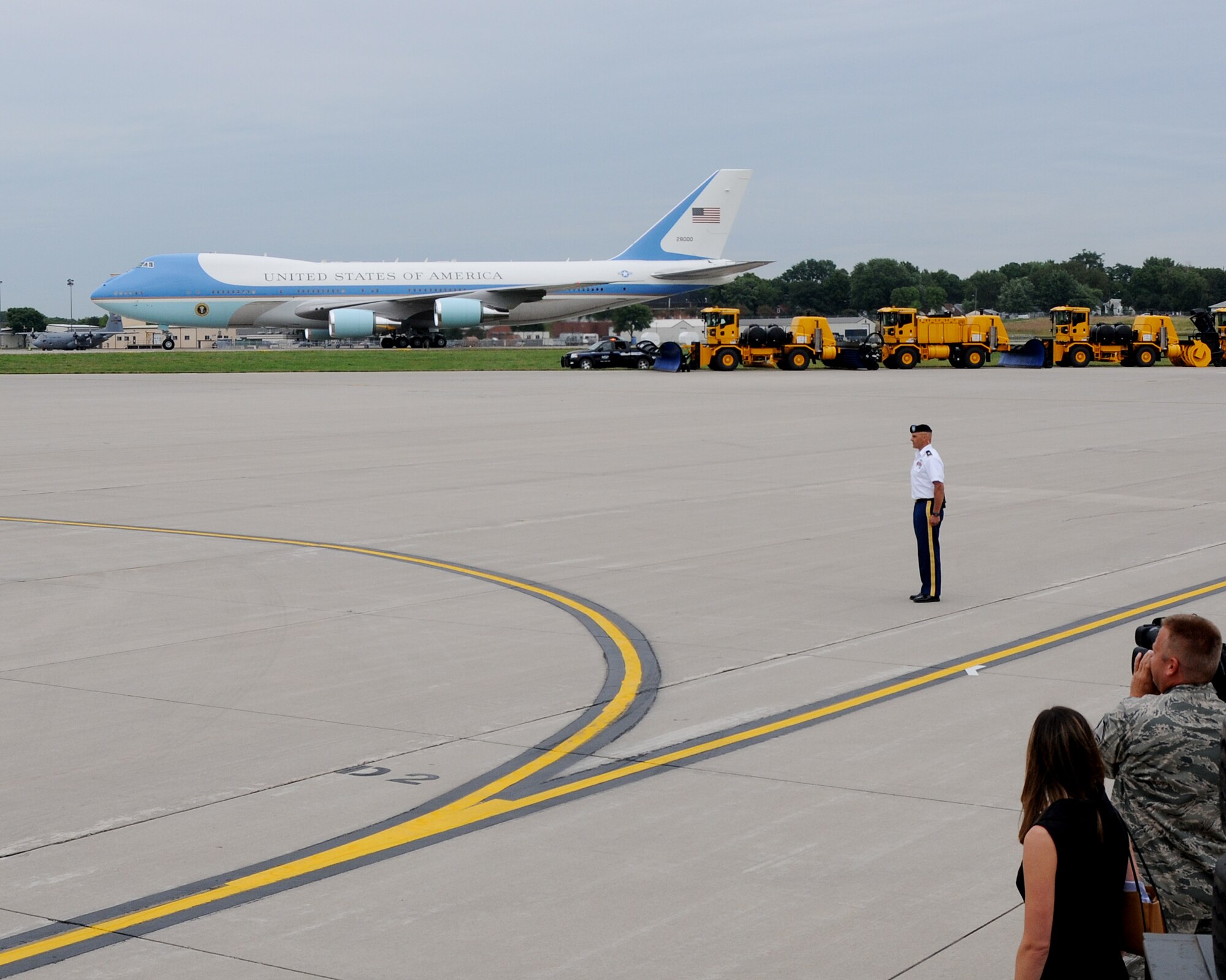 Air Force One makes the turn into the ramp of the 133rd Airlift Wing bringing President Barack Obama to the Minneapolis-St. Paul International Airport on August 30, 2011. The VC-25A, which is a highly customized Boeing 747-200B, arrived at the Minnesota Air National Guard base bringing the commander-in-chief to the Twin Cities where he delivered a speech to the American Legion Annual Conference. The visit is heavily supported with security, logistics, media and other support by the Airmen of the 133rd Airlift Wing. USAF official photo by Senior Master Sgt. Mark Moss