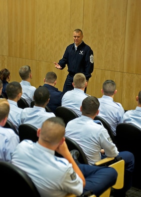 Chief Master Sgt. of the Air Force James Roy speaks to Airmen attending Perfessional Military Education courses and Airmen from the First Term Airmen Center during his visit to Joint Base Elmendorf-Richardson August 29, 2011.  CMSAF Roy came to JBER to hear concerns of Airmen but also to share what the future of the Air Force holds.  (U.S. Air Force photo/Staff Sgt. Zachary Wolf)