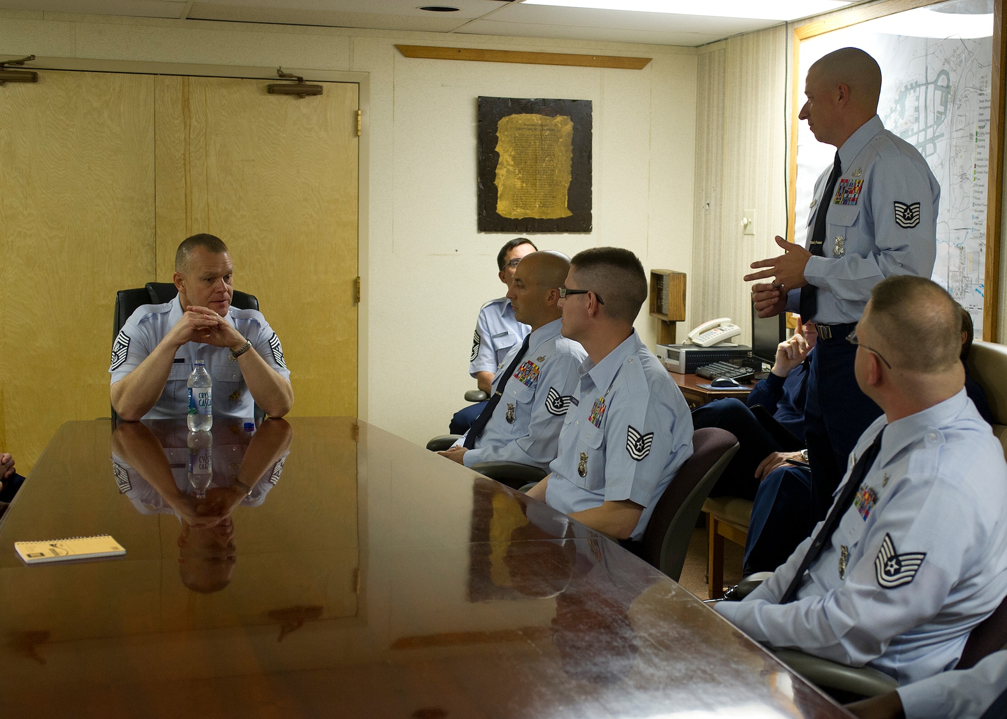 Chief Master Sgt. of the Air Force James Roy addresses a concern brought forward by technical sergeants from the 673d Security Forces Squadron during his visit to Joint Base Elmendorf-Richardson August 29, 2011.  CMSAF Roy came to JBER to hear concerns of Airmen but also to share what the future of the Air Force holds.  (U.S. Air Force photo/Staff Sgt. Zachary Wolf)