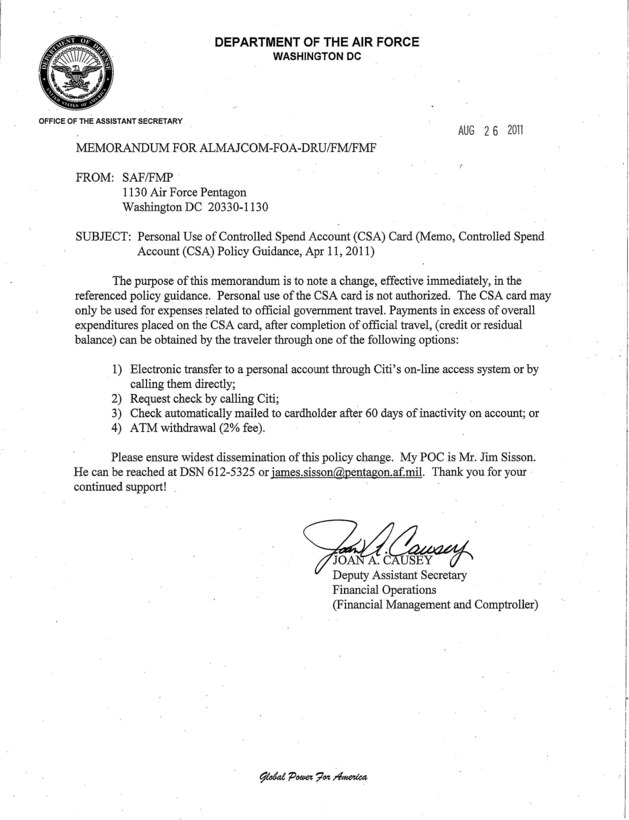Effective immediately, personal use of the Controlled Spend Account card is no longer authorized. (U.S. Air Force courtesy photo)
