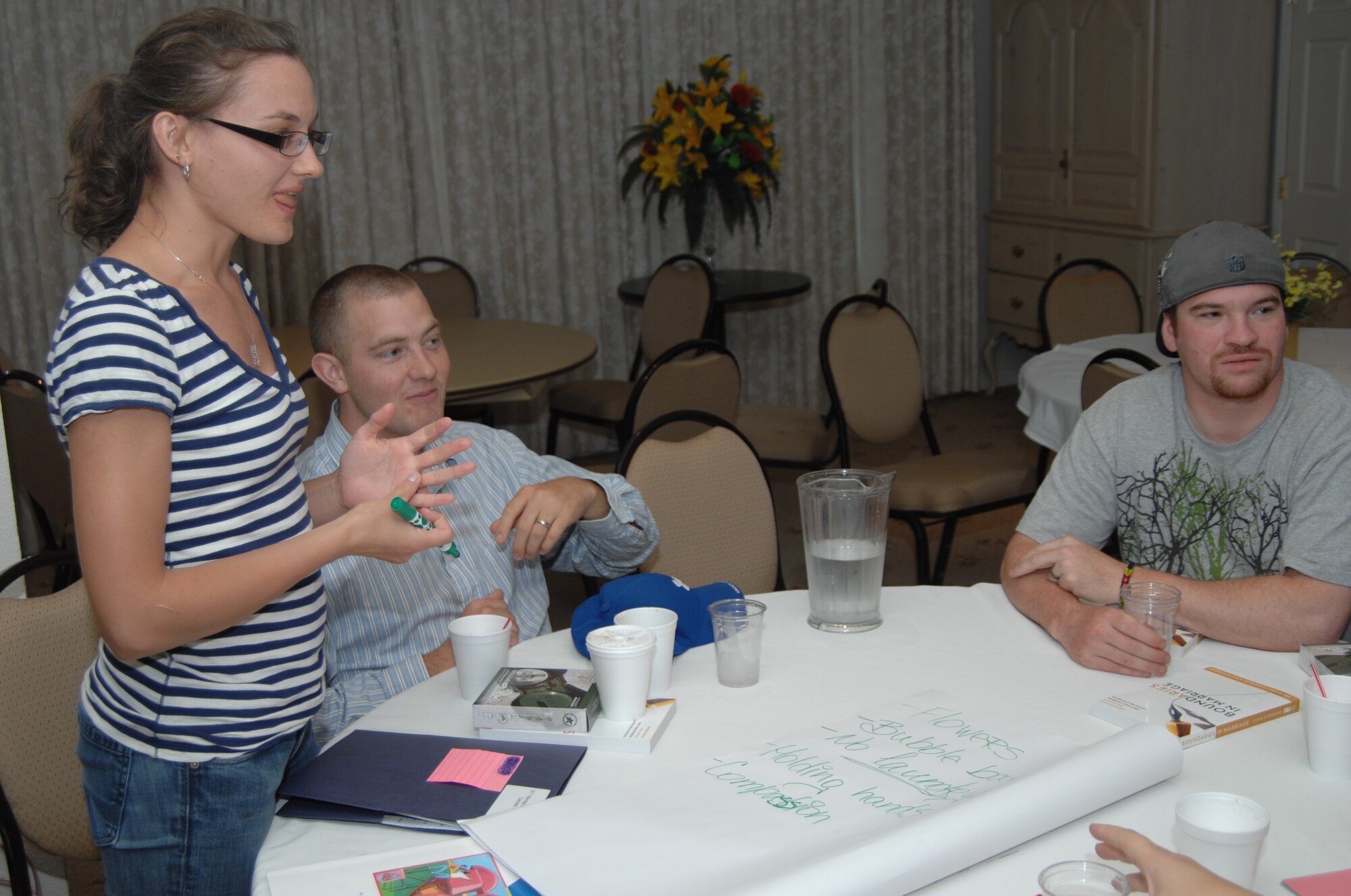 CASCADE, Idaho - Participants in the 2011 Gunfighter Marriage Retreat discuss ways to strengthen and enhance their marriages during a class Aug. 28. The marriage retreat was designed for Airmen who recently returned home from a deployment or are deploying in the near future and was sponsored by Liberty Chapel and the base Airmen and Family Readiness Center. (U.S. Air Force photo by Senior Airman Benjamin Sutton)