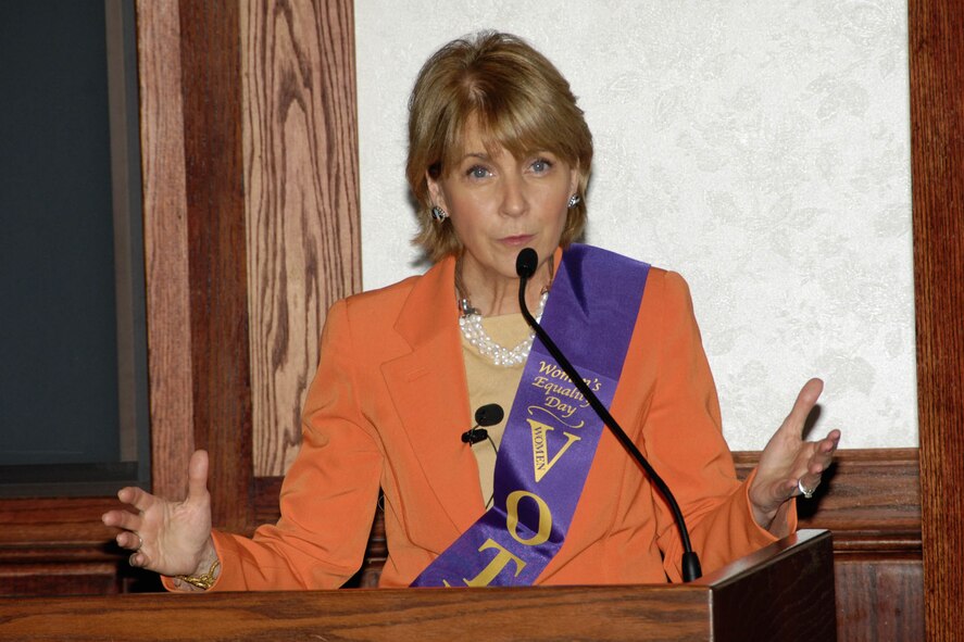 HANSCOM AIR FORCE BASE, Mass. - Massachusetts Attorney General Martha Coakley speaks to members of the Hanscom workforce during a Women’s Equality Day’s luncheon Aug. 25 in the Hanscom Conference Center. Ms. Coakley spoke on the topic “Women’s Rights, Then and Now,” and discussed significant points in history that helped progress women’s equality. (U.S. Air Force photo by Linda LaBonte-Britt)