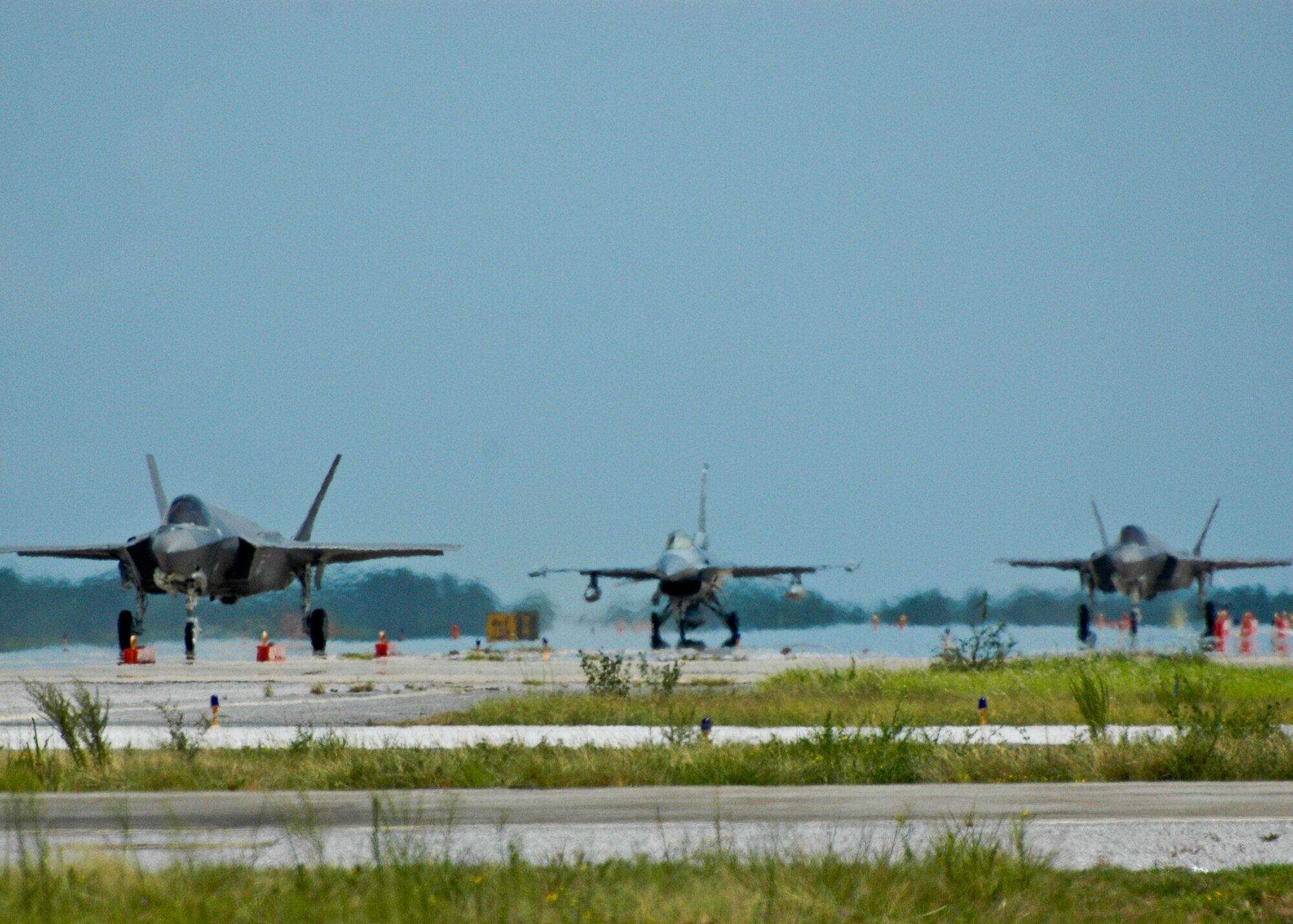 Two more F-35A Lightning II joint strike fighters were delivered to Eglin with 
33rd Fighter Wing piloted F-16s escorting the jets to their new home Aug. 31.
Labeled as AF-10 and AF-11 by Lockheed Martin, the JSFs bring the total count 
of the fifth generation fighter aircraft here to four. The aircraft here are 
used for JSF maintenance training until all certifications are complete. More 
F-35s are scheduled to arrive at Eglin this year, including at least one short 
takeoff/vertical landing (STOVL) variant, BF-6. (U.S. Air Force photo/Chrissy 
Cuttita)