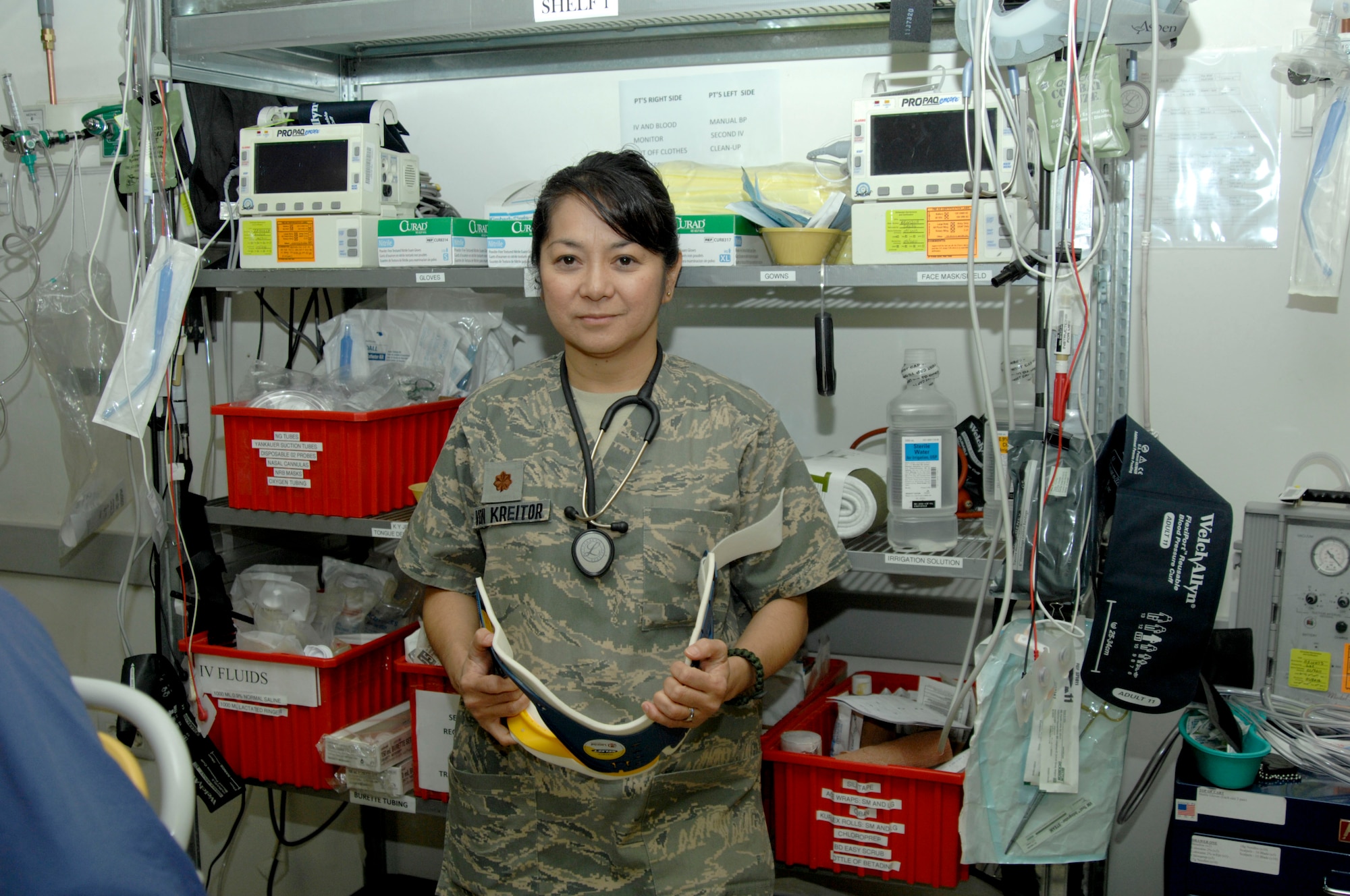 Maj. Leila Von Kreitor, 332nd Expeditionary Medical Group Intensive Care Unit and Intensive Care Ward officer in charge, worked as a civilian nurse prior to joining the Air Force. She joined the Air Force shortly after witnessing the 9/11 attacks in New York first hand. (U.S. Air Force photo by Senior Airman Amber R. Kelly-Herard) 


