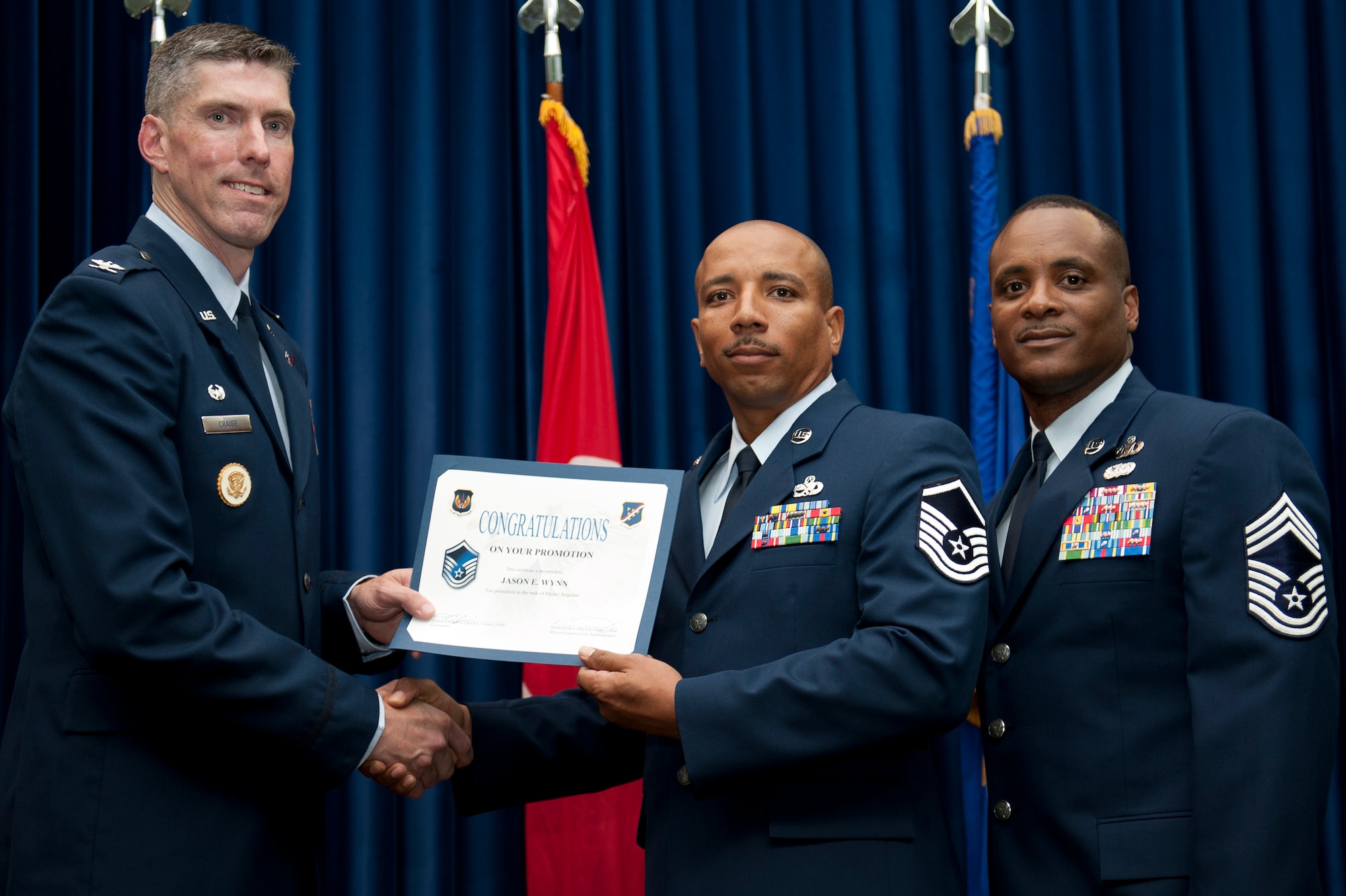 Jason Wynn, 39th Maintenance Squadron, is promoted to the rank of master sergeant Aug. 31, 2011, at the Club Complex ballroom at Incirlik Air Base, Turkey. (U.S. Air Force photo by Tech. Sgt. Michael B. Keller/Released)