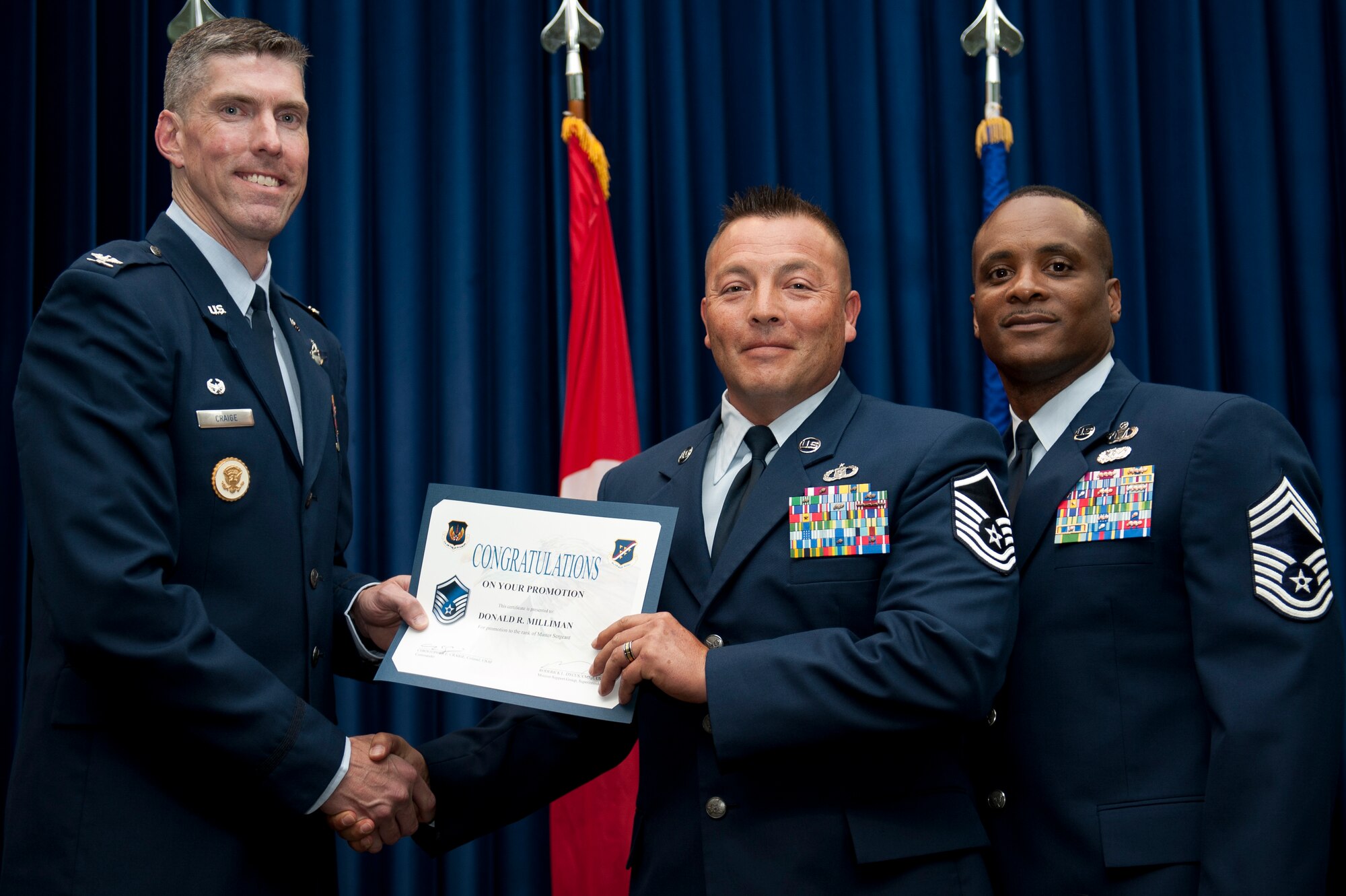 Donald Milliman, 39th Operations Squadron, is promoted to the rank of master sergeant Aug. 31, 2011, at the Club Complex ballroom at Incirlik Air Base, Turkey. (U.S. Air Force photo by Tech. Sgt. Michael B. Keller/Released)