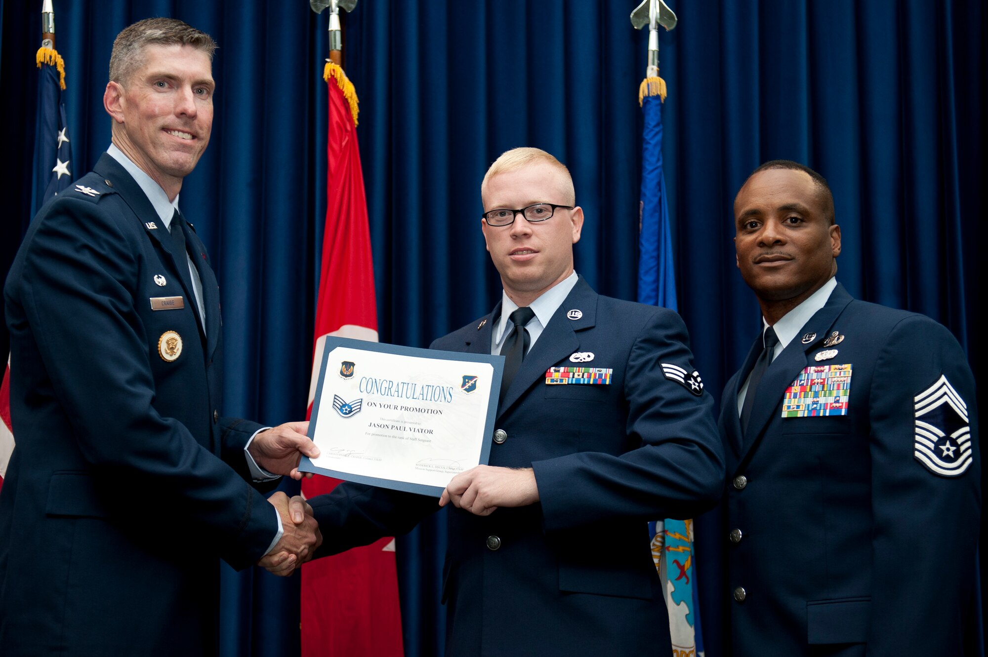 Jason Viator, 39th Maintenance Squadron, is promoted to the rank of staff sergeant Aug. 31, 2011, at the Club Complex ballroom at Incirlik Air Base, Turkey. (U.S. Air Force photo by Tech. Sgt. Michael B. Keller/Released)