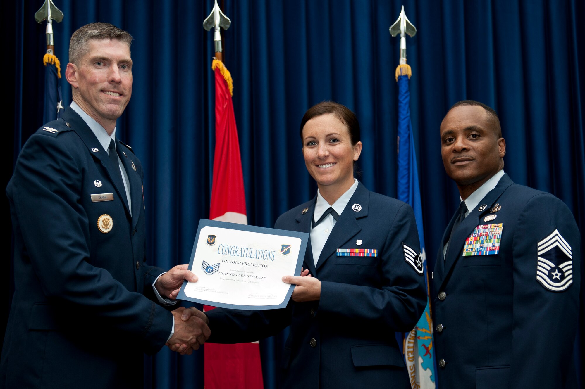 Shannon Stewart, 39th Medical Operations Squadron, is promoted to the rank of staff sergeant Aug. 31, 2011, at the Club Complex ballroom at Incirlik Air Base, Turkey. (U.S. Air Force photo by Tech. Sgt. Michael B. Keller/Released)