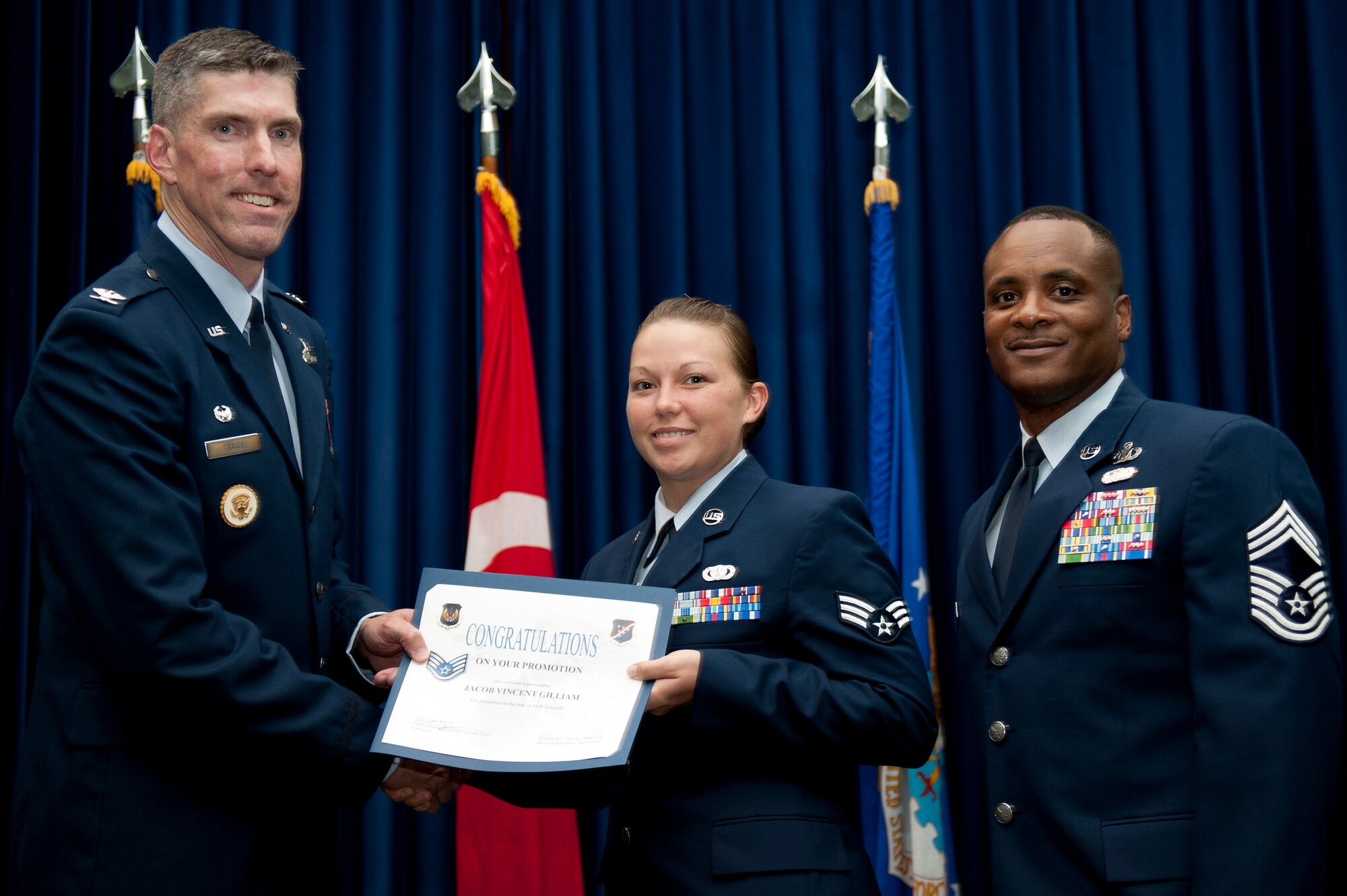 Amanda Giddins, 39th Security Forces Squadron, is promoted to the rank of staff sergeant Aug. 31, 2011, at the Club Complex ballroom at Incirlik Air Base, Turkey. (U.S. Air Force photo by Tech. Sgt. Michael B. Keller/Released)