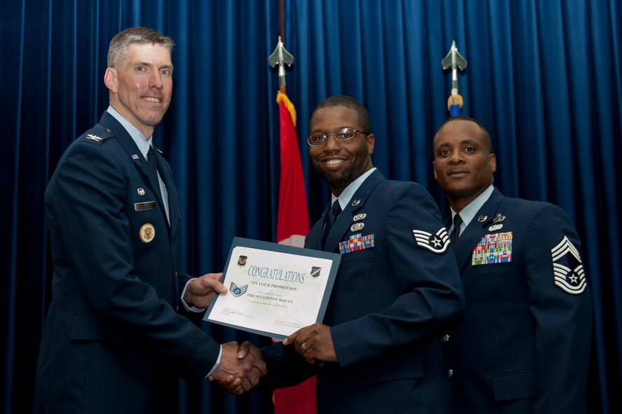 Philip Bailey, 39th Logistics Readiness Squadron, is promoted to the rank of staff sergeant Aug. 31, 2011, at the Club Complex ballroom at Incirlik Air Base, Turkey. (U.S. Air Force photo by Tech. Sgt. Michael B. Keller/Released)