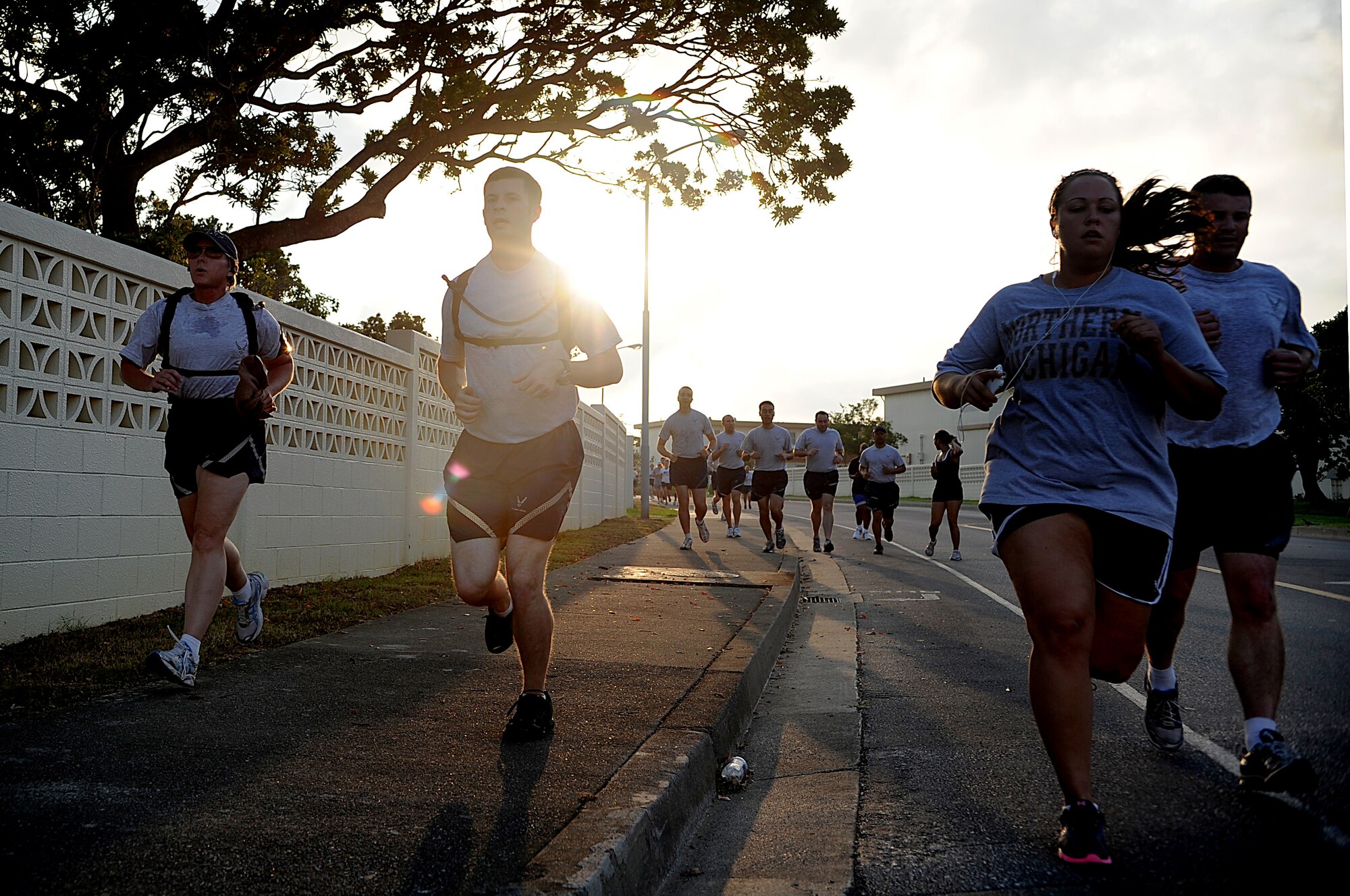 Members of Team Kadena participate in a 5k fun run fundraiser designed to aid flood victims from Minot Air Force Base, N.D. More than 130 Shogun Warriors raised $2,000 during the event. (U.S. Air Force photo/Staff Sgt. Christopher Hummel)