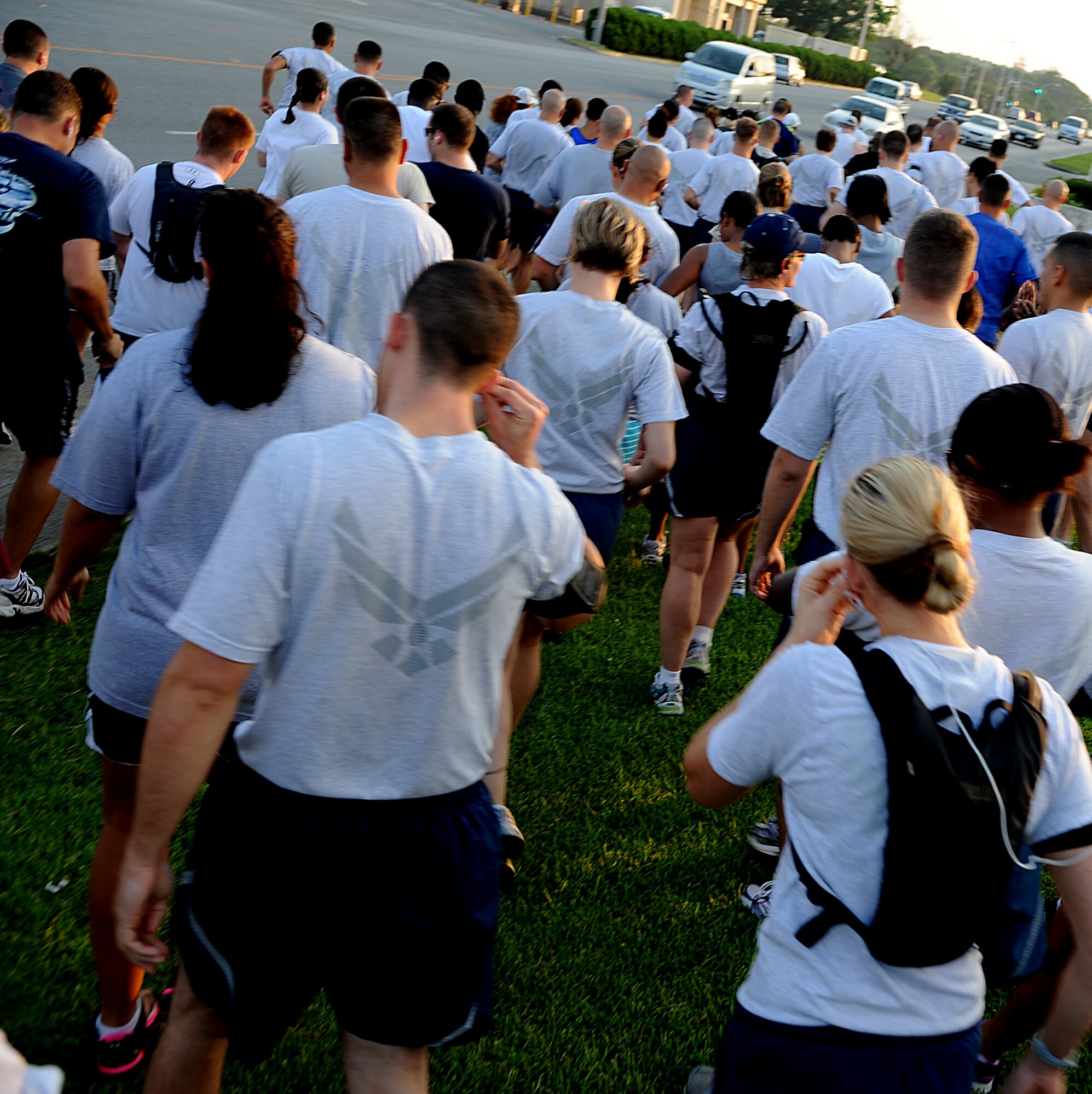 Members of Team Kadena prepare to start a 5k fun run fundraiser designed to aid flood victims from Minot Air Force Base, N.D. More than 130 Shogun Warriors raised $2,000 during the event. (U.S. Air Force photo/Staff Sgt. Christopher Hummel)