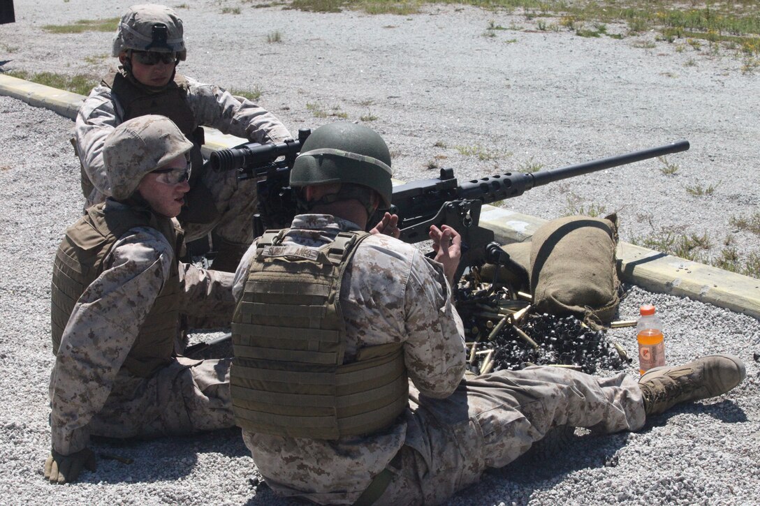 Lance Cpl. Eric T. Adams, right, a machine gunner with Echo Company, Battalion Landing Team, 2nd Battalion, 2nd Marine Regiment, 22nd Marine Expeditionary Unit (MEU), and Flagler Beach, Fla., native, and Lance Cpl. Samuel R. Blunt Jr., left, a machine gunner with Echo Company, and Birmingham, Ala., native, place an M2 Browning .50 caliber machine gun on a tripod during mobile operations training aboard dock landing ship USS Whidbey Island (LSD 41), Sept. 1. The Marines practiced five and twenty-five meter security, gun and humvee rollover drills. The 22nd MEU is currently deployed as part of the Bataan Amphibious Ready Group (BATARG) as the U.S. Central Command theater reserve force, also providing support for maritime security operations and theater security cooperation efforts in the U.S. 5th Fleet area of responsibility.