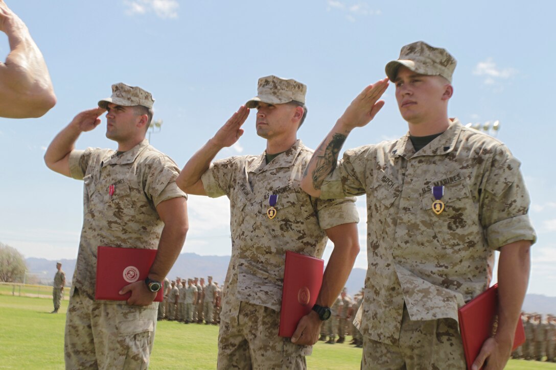 [From left] 1st Lt. Joshua Waddell, who received a Bronze Star Medal, 1st Lt. Schyler Newson and Cpl. Zane Kutch, who both received Purple Heart Medals, salute just before being dismissed from an awards ceremony at Liberty Field Sept. 2, 2011.