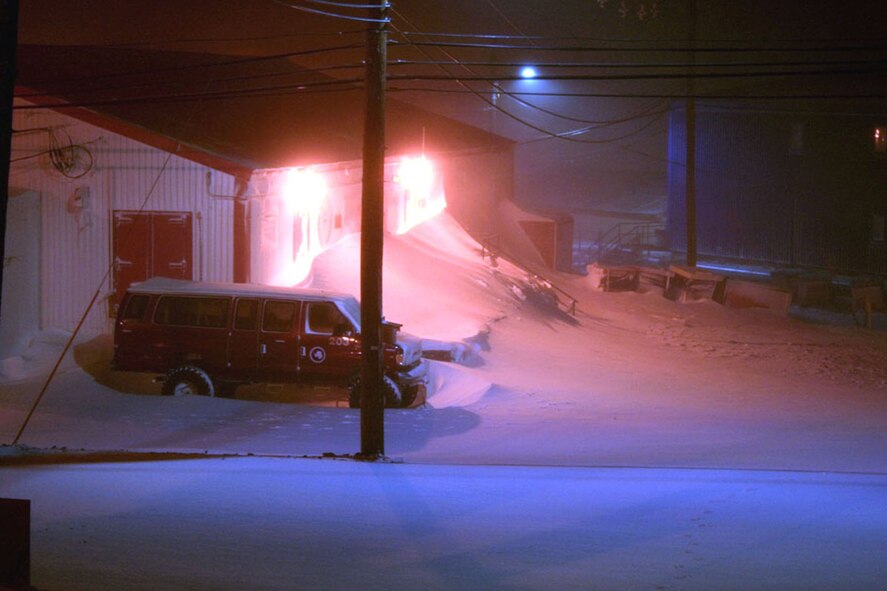 The dark, desolation of an Antarctic winter is evident from a photo shot outside the McMurdo Station fire department. You can't tell if it's night or day. (Courtesy photo)