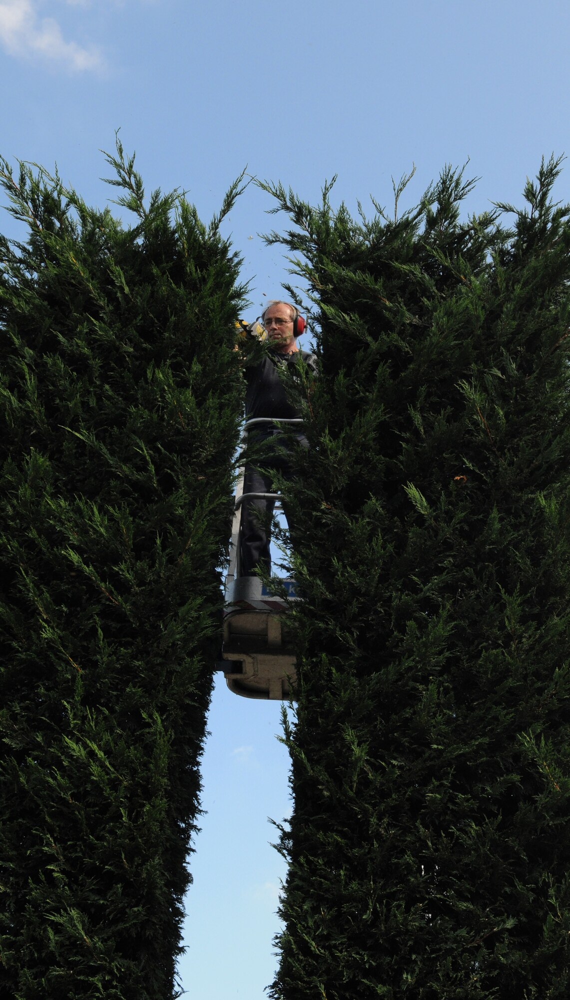 RAF MILDENHALL, England -- Gary Brown, a local contractor, trims hedges at the memorial near the Bob Hope Community Center here Sept. 8, 2011. The two tall hedges represent the twin towers of the World Trade Center that were attacked by terrorists Sept. 11, 2001. Patriot Day events will be held at the memorial Sept. 9 at 8:30 a.m., and will include: a formation of Team Mildenhall firefighters and security forces; a brief moment of silence at 8:46 a.m. to signify when the first plane struck the first tower; and Pledge of Allegiance led by children from Lakenheath Elementary School and childhood development center. Col. Christopher Kulas, 100th Air Refueling Wing commander, will be the guest speaker. (U.S. Air Force photo/Staff Sgt. Thomas Trower)