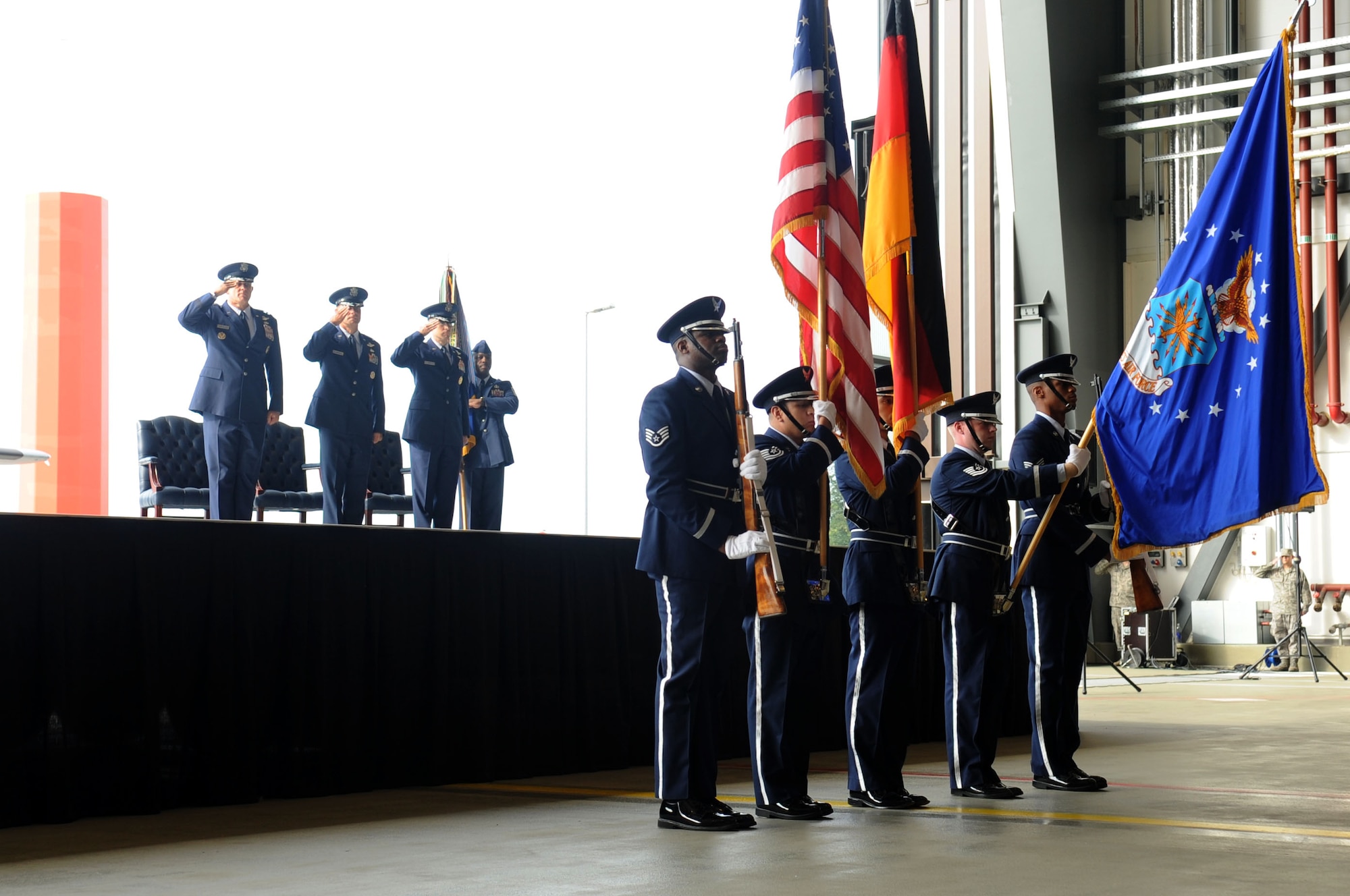 Members of the Ramstein Honor Guard post the colors during the 86th Airlift Wing change of command ceremony at Ramstein Air Base, Germany, Sep. 2, 2011. Brig. Gen. Charles Hyde took command of the 86th AW from Brig. Gen. Mark Dillon. (U.S. Air Force photo by Senior Airman Brittany Perry)