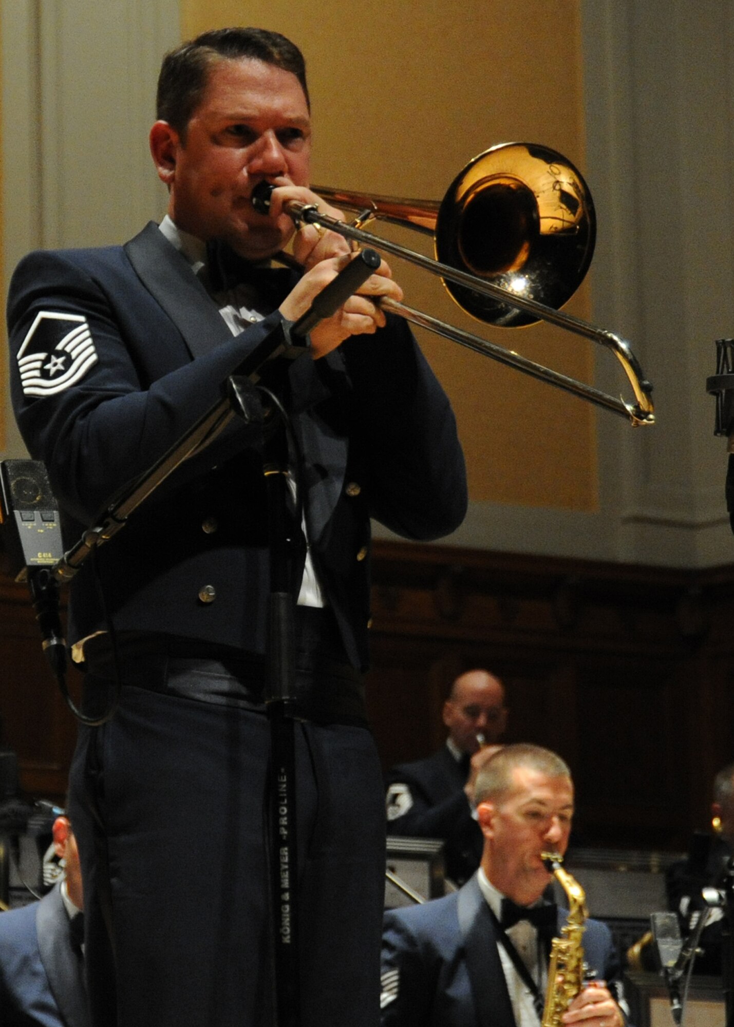 Master Sgt. Ben Patterson, U.S. Air Force Band Airmen of Note trombonist, performs a solo during a performance at Stambough Auditorium in Youngstown, Ohio on Sept. 2. The performance was the band's second stop during the Airmen of Note's mini tour of the Midwest, as they made their way to the 2011 Detroit Jazz Festival on Sept 4. (U.S. Air Force photo/ Airman 1st Class Bahja J. Jones) 