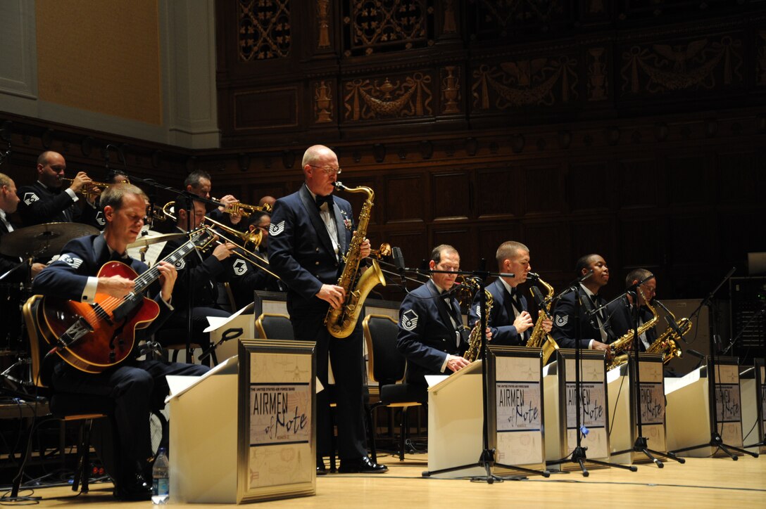 Tech Sgt. Teddy Baker, Airmen of Note tenor saxaphonist, plays a solo during a performance at the Stambough Auditorium in Youngstown, Ohio on Sept. 2. The performance was the second stop during the Airmen of Note's mini tour of the Midwest, as they make their way to the 2011 Detroit Jazz Festival on Sept. 4. (U.S. Air Force photo/ Airman 1st Class Bahja J. Jones) 