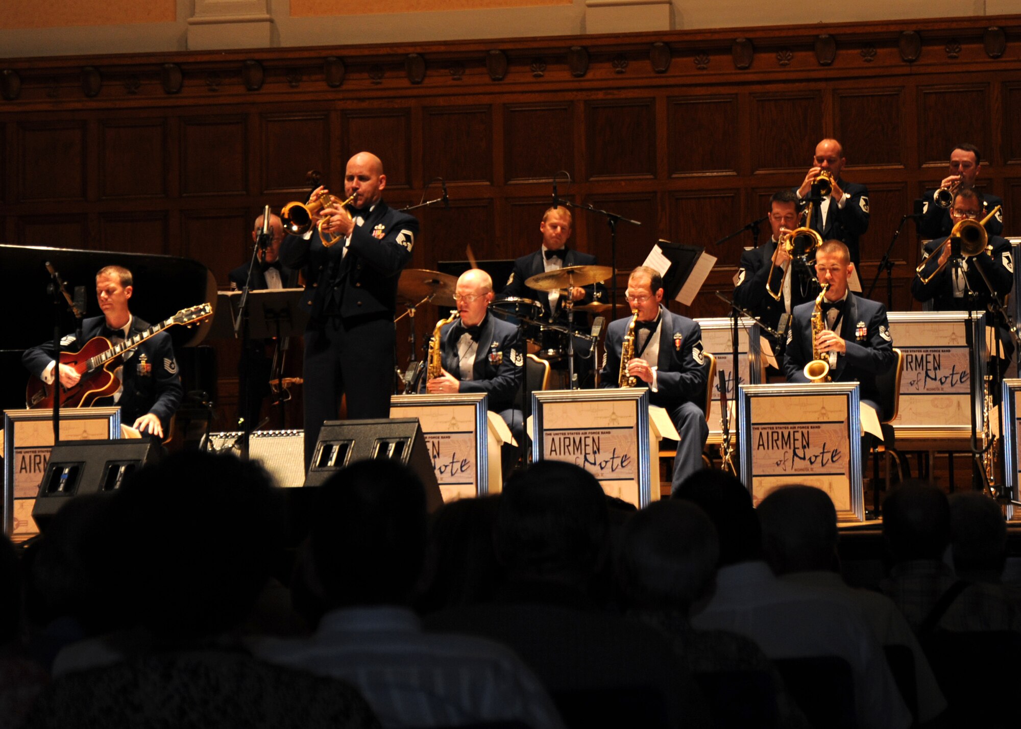 Senior Master Sgt. Tim Leahey, U.S. Air Force Band Airmen of Note trumpeter and assistant NCOIC, takes center stage during a performance at Stambough Auditorium in Youngstown, Ohio on Sept. 2. Leahey, a Youngstown State University alumni, was welcomed by friends and family in attendence. The performance was the second stop during the Airmen of Note's mini tour of the Midwest, as they made their way to the 2011 Detroit Jazz Festival on Sept. 4. (U.S. Air Force photo/ Airman 1st Class Bahja J. Jones) 
