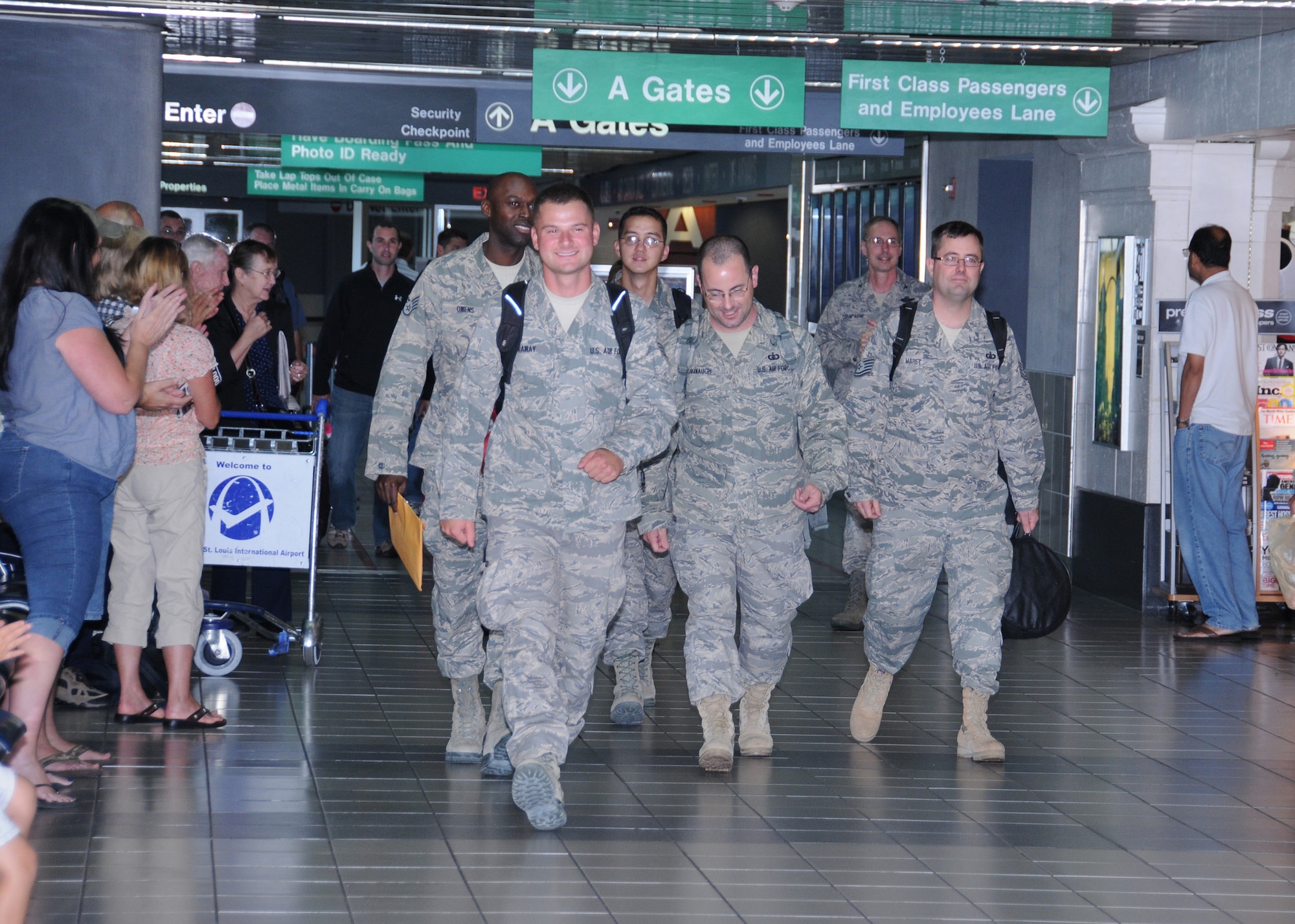 Members of Sidewinder returned to Saint Louis Sept 3 from their 45-day deployment to Southwest Asia where they performed for numerous troops in Iraq, Afghanistan, and throughout the region.  Sidewinder is the rock element of the 571st Air Force Band "Air National Guard Band of the Central States" based at the 131st Bomb Wing, Missouri Air National Guard, Lambert-Saint Louis.  Their rendition of "Rolling in the Deep" by Adele became a You Tube sensation and has been viewed over 1.3 million times.  (Photo by Master Sgt. Mary-Dale Amison)