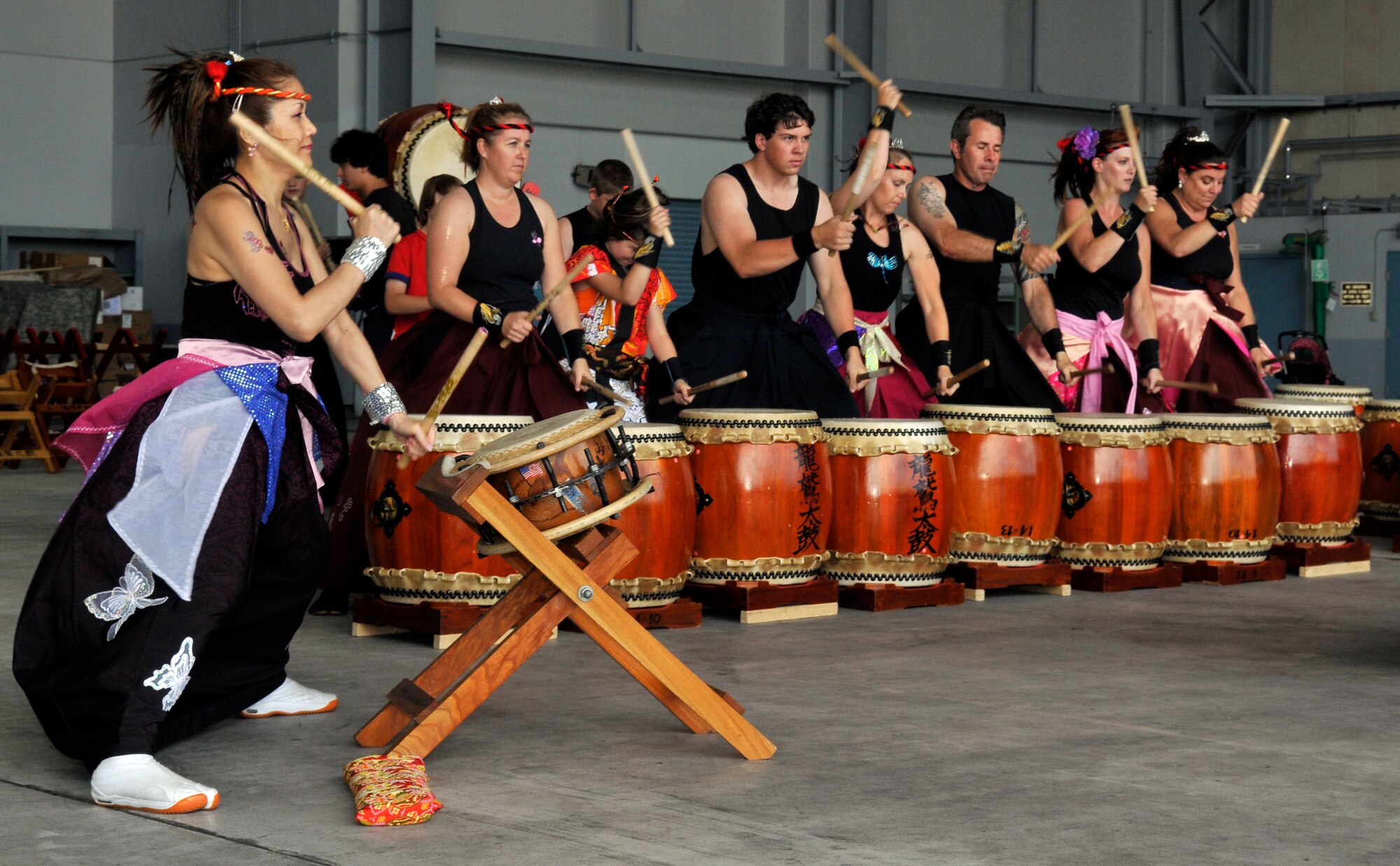 MISAWA AIR BASE, Japan – Misawa’s “Dragon Eagle” taiko drum team entertains their audience here Sept. 4 during Misawa’s 32nd annual air fest. The Japan Air Self-Defense Force and the 35th Fighter Wing, with associated tenant units, hosted more than 100,000 attendees. Air Fest 2011 was an opportunity for visitors to see eight aerial demonstrations with 19 static displays of JASDF, U.S. Air Force, U.S. Navy aircraft and private operators. Air Fest 2011 also marked the last flight of Miss Veedol, a single engine aircraft that in 1931 flew non-stop across the Pacific Ocean from Sabishiro Beach, Misawa, Japan to Wenatchee, Washington, U.S. (U.S. Air Force photo/Tech. Sgt. Phillip Butterfield)  