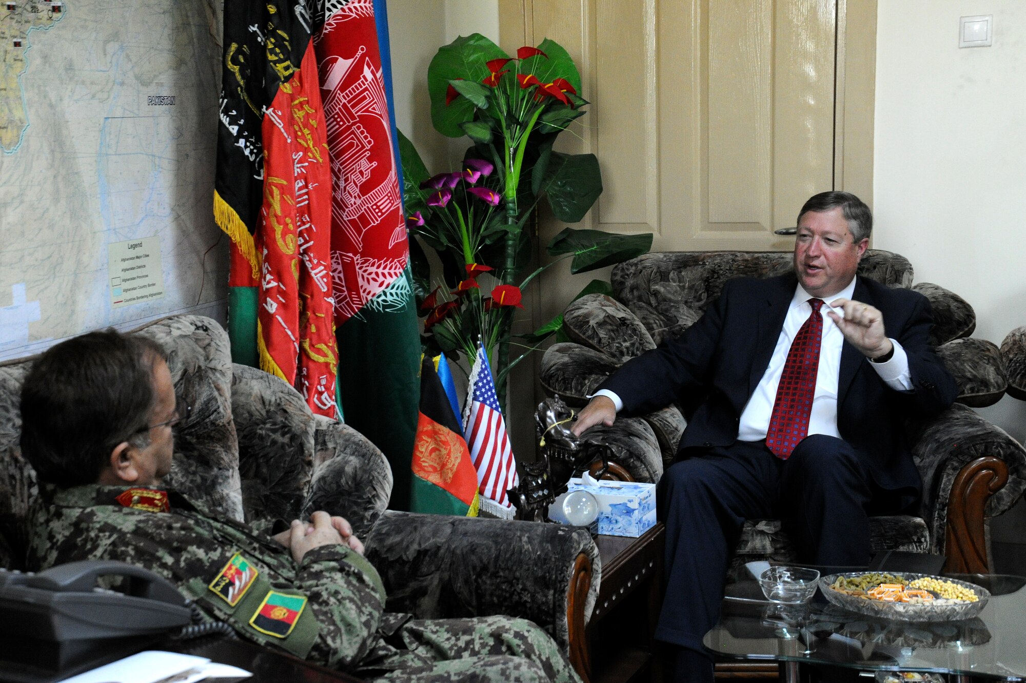 Secretary of the Air Force Michael Donley meets with Afghan Maj. Gen. Abdul Wahab Wardak, commander of the Afghan Air Force, at the AAF Headquarters, Kabul, Afghanistan, Sept. 4, 2011. Donley was in Afghanistan to meet with Airmen and officials there. (U.S. Air Force photo by Staff Sgt. Matthew Smith)