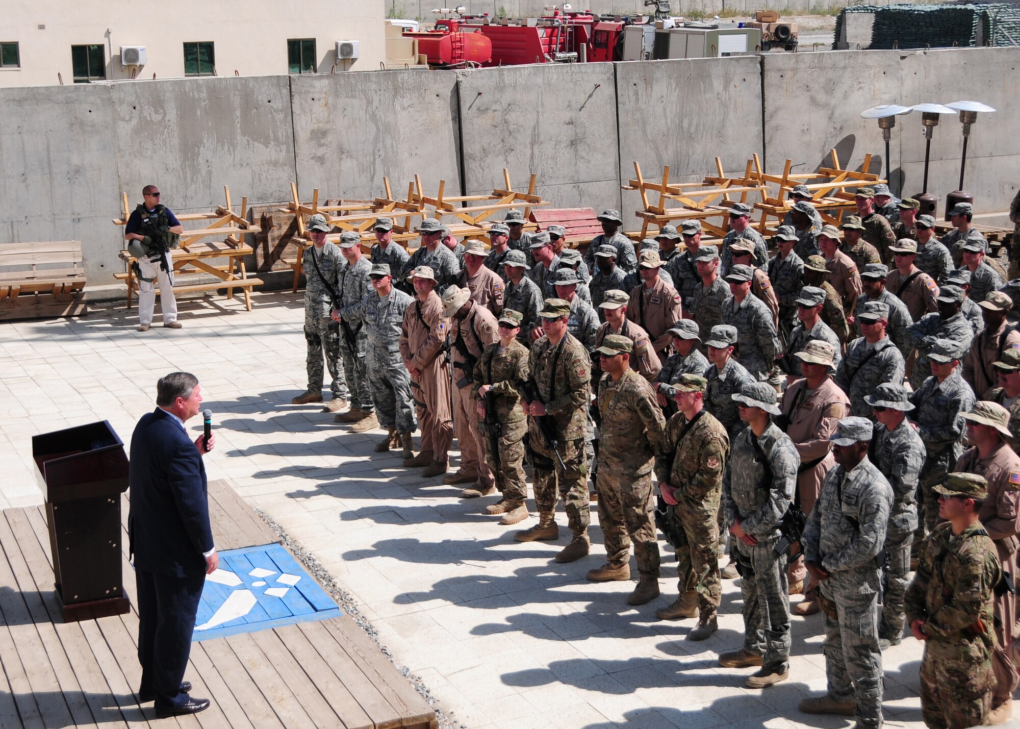 Secretary of the Air Force Michael Donley speaks with Airmen of the 438th Air Expeditionary Wing at Kabul International Airport, Afghanistan, Sept. 4, 2011.  During his Airmen’s Call with the 438th AEW, Donley addressed questions about retirement benefits, current Air Force manning levels and counterinsurgency operations. The secretary was in Afghanistan to meet with Airmen and officials there. (U.S. Air Force photo by Senior Airman Amber Williams)