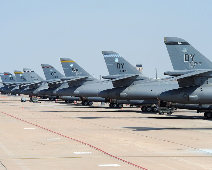 B-1 Bombers from Dyess, Ellsworth and Edwards Air Force Base are parked on the ramp Sept. 1, 2011, at Dyess Air Force Base, Texas. This was the first time all the B-1 tail flashes have been on the same base at the same time. (U.S. Air Force photo by Tech. Sgt. Darcie L. Ibidapo/Released) 
