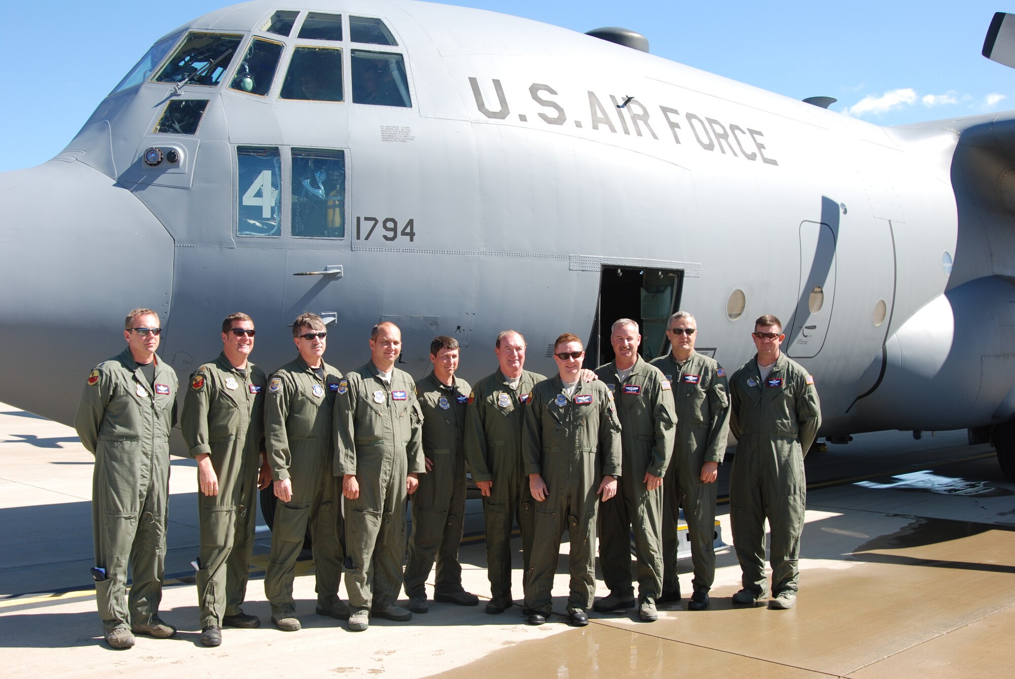 Chief Master Sgt. Mike Reinert, 180th Airlift Squadron chief flight engineer, flew his final flight on a Missouri Air National Guard C-130 Hercules Sept. 6, 2011, in St. Joseph, Mo. Reinert retires will more than 41 years of military service and more than 12,000 flight hours. (U.S. Air Force photo by Lt. Col. Barb Denny/Missouri Air National Guard)