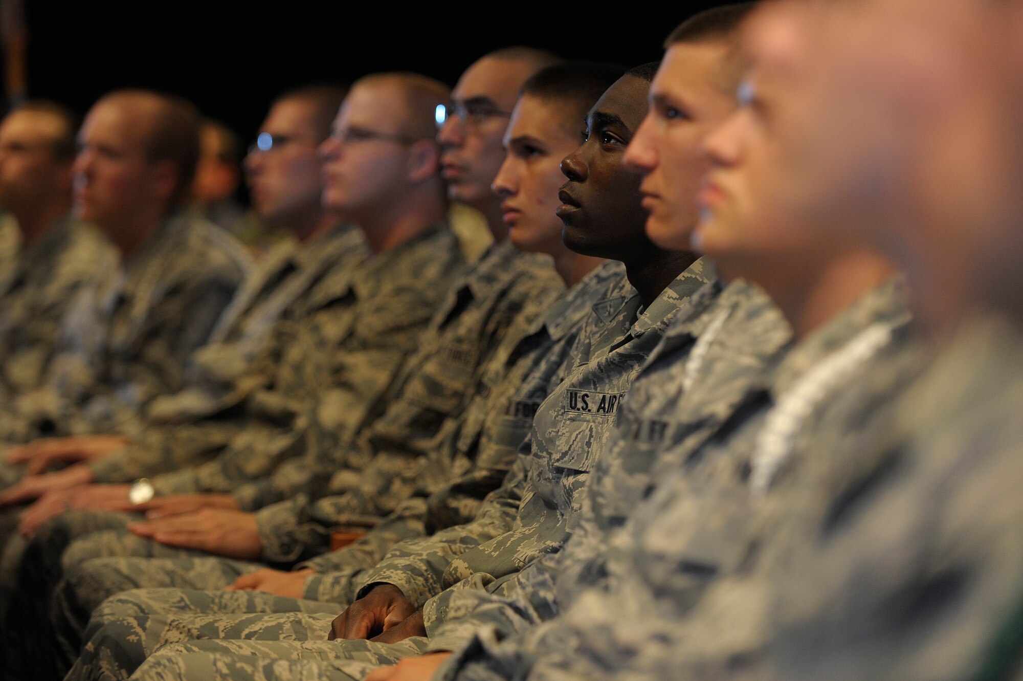 VANDENBERG AIR FORCE BASE, Calif. -- Airmen of the 381st Training Group listen to Gen. Edward Rice Jr., Air Force Education and Training Command commander, during a commander's call at the base theater here Friday, Aug. 31, 2011.  (U.S. Air Force photo/Staff Sgt. Andrew Satran) 
 