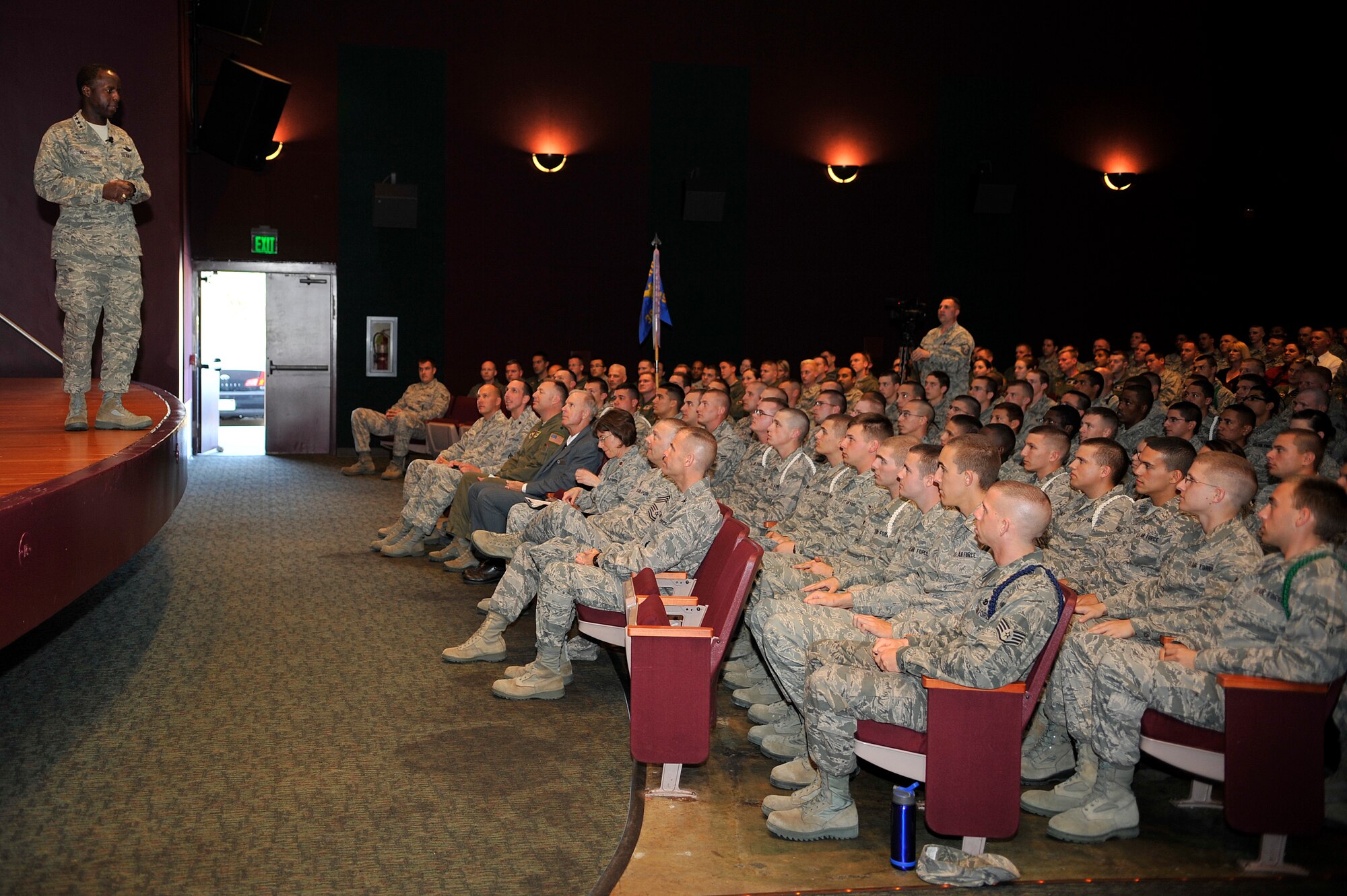 VANDENBERG AIR FORCE BASE, Calif. -- Gen. Edward Rice Jr., Air Force Education and Training Command commander, speaks to the 381st Training Group during a commander's call at the base theater here Friday, Aug. 31, 2011.  (U.S. Air Force photo/Staff Sgt. Andrew Satran) 

 