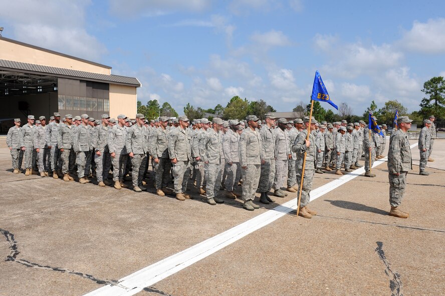 Airmen from the 820th Base Defense Group stand in formation as awards are presented to members during an award ceremony at Moody Air Force Base, Ga., Sept. 1, 2011. The Airmen recently returned from a 6 six-month deployment to Iraq. (U.S. Air Force photo by Senior Airman Ciara Wymbs/Released) 