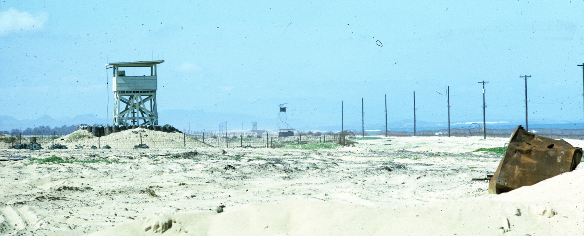 Watchtowers along the seaside perimeter of Tuy Hoa Air Base, South Vietnam.  Being located on the coast required Security Police to also defend against waterborne attack. (U.S. Air Force photo).