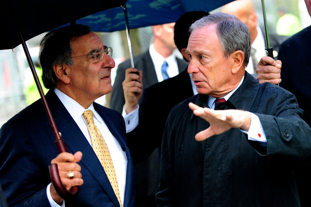 Defense Secretary Leon E. Panetta visits the 9/11 Memorial site at ground zero in New York with New York Mayor Michael Bloomberg, Sept. 6, 2011.