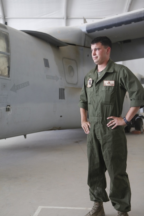 Cpl. Zachary Keating, a Marine Tiltrotor Squadron 162 mechanic, was recently meritoriously promoted for the work the high caliber of work he provides in repairing the MV-22 Osprey. Keating of Idaho Falls, Idaho., worked in numerous types of construction trades before finally enlisting in the United States Marine Corps. Keating is currently deployed in Afghanistan, where his mechanical skill helps the Osprey aid coalition efforts against the insurgency.