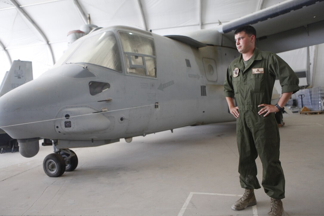 Cpl. Zachary Keating, a Marine Tiltrotor Squadron 162 mechanic, was recently meritoriously promoted for the work the high caliber of work he provides in repairing the MV-22 Osprey. Keating of Idaho Falls, Idaho., worked in numerous types of construction trades before finally enlisting in the United States Marine Corps. Keating is currently deployed in Afghanistan, where his mechanical skill helps the Osprey aid coalition efforts against the insurgency.