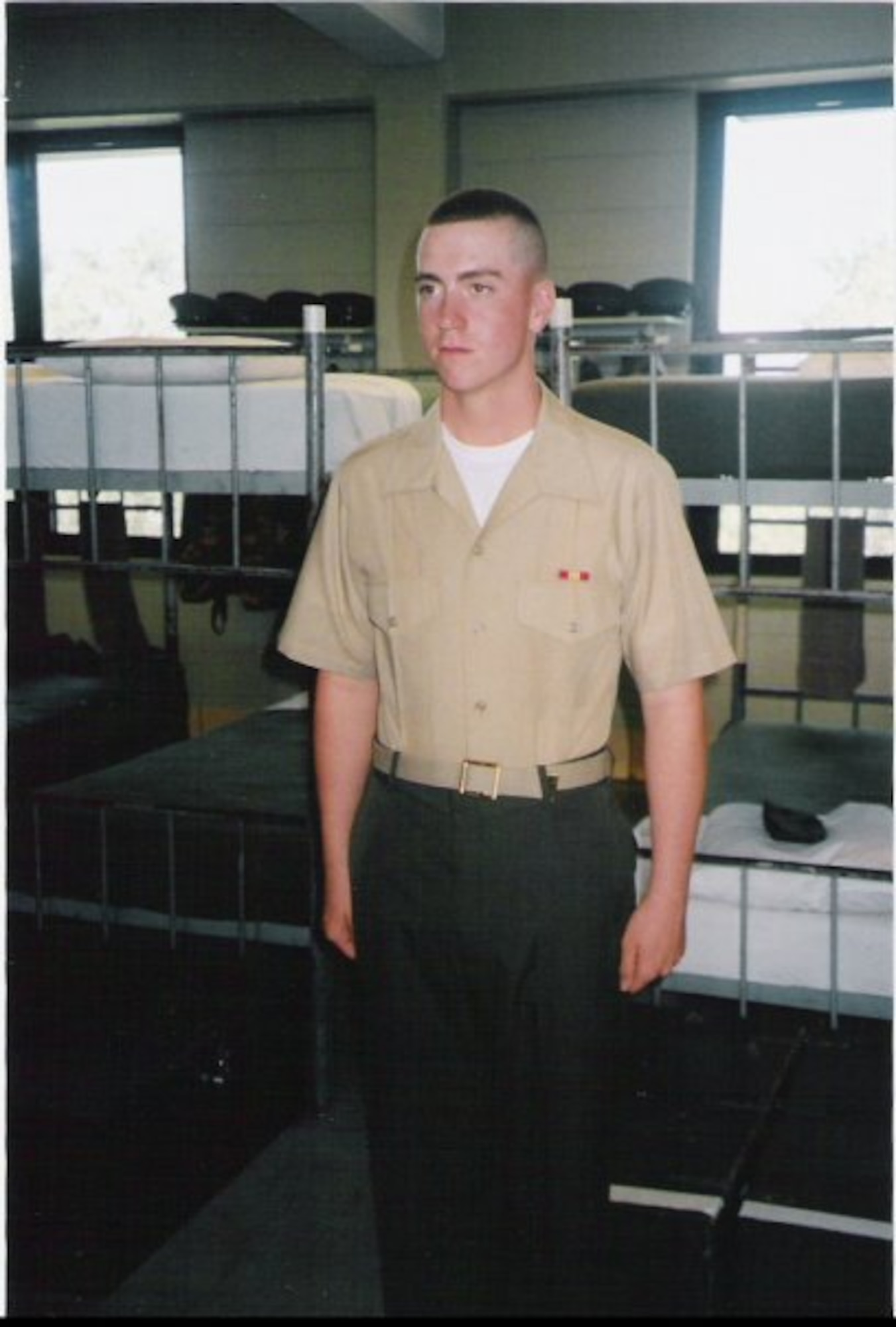 Then-Pvt. Arthur Fudge poses for a photo in his barracks during Basic Military Training at Marine Corps Recruit Depot, Parris Island, S.C. Fudge served as a tank mechanic and attained the rank of lance corporal, prior to separating. He now attends college and studies law enforcement. Fudge watched live coverage of a plane hitting the World Trade Center’s south tower, Sept. 11, 2001. His father worked on the 50th floor of that building, but survived. Fudge joined the Marines as a result of that day. (Courtesy photo)