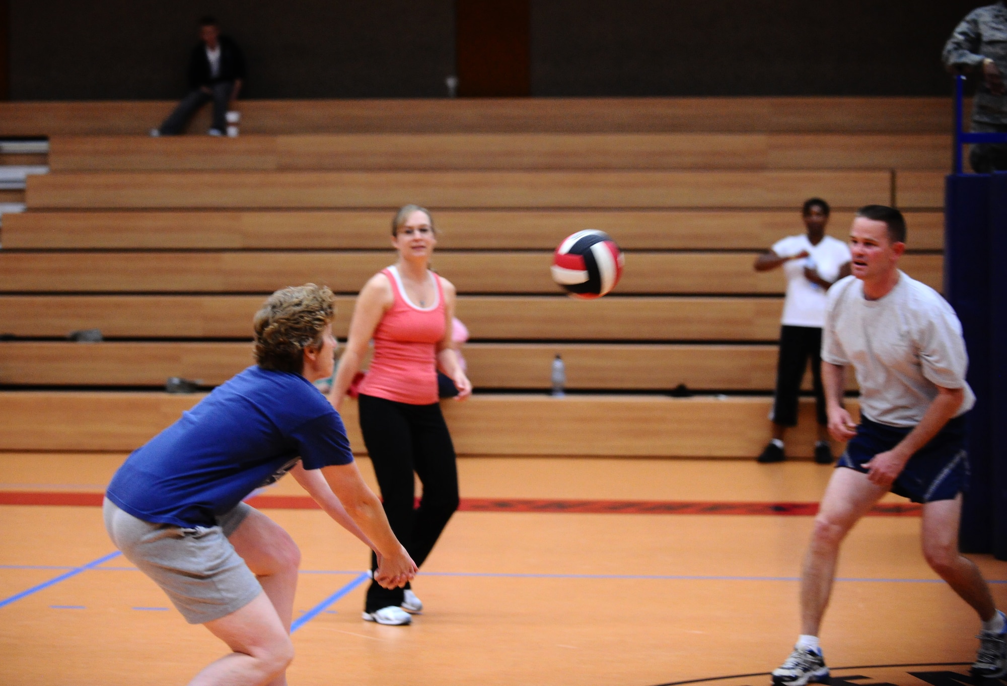 SPANGDAHLEM AIR BASE, Germany -- Tamara Mayer, Spangdahlem Commanders, hits the ball during a friendly volleyball match against the Spangdahlem Chiefs at the Skelton Memorial Fitness Center here Aug. 30. The Chiefs defeated the Commanders 15-12 the first game and 15-3 the second game. (U.S. Air Force photo/Staff Sgt. Nathanael Callon)