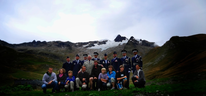 U.S. Air Force members from Team Charleston and family members of the B-17 crew pose for a photograph Sept. 4, after the B-17 Flying Fortress Commemoration ceremony held in Bourg Saint Maurice, France. (U.S Air Force Photo/ Staff Sgt. Angelita M. Lawrence)