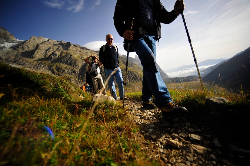 Members of the commemoration committee for the B-17 Flying Fortress hike to Aiguille des Glaciers where  parts of the aircraft's wreckage was found by Francis Raout  in 1947. The commemoration ceremonies, held Sept. 3 and 4  in Courmayeur, Italy and Bourg Saint Maurice, France, were for the crew of B-17 #43-39388. The B-17 crew was from the 15th Troop Carrier Squadron which is now the 15th Airlift Squadron. The entire eight man crew was lost after their aircraft went down on Aiguille des Glaciers, one of the rugged peaks in the French Alps near Mont Blanc, the highest point in Europe and close to the French-Italian border. (U.S Air Force Photo/ Staff Sgt. Angelita M. Lawrence)

