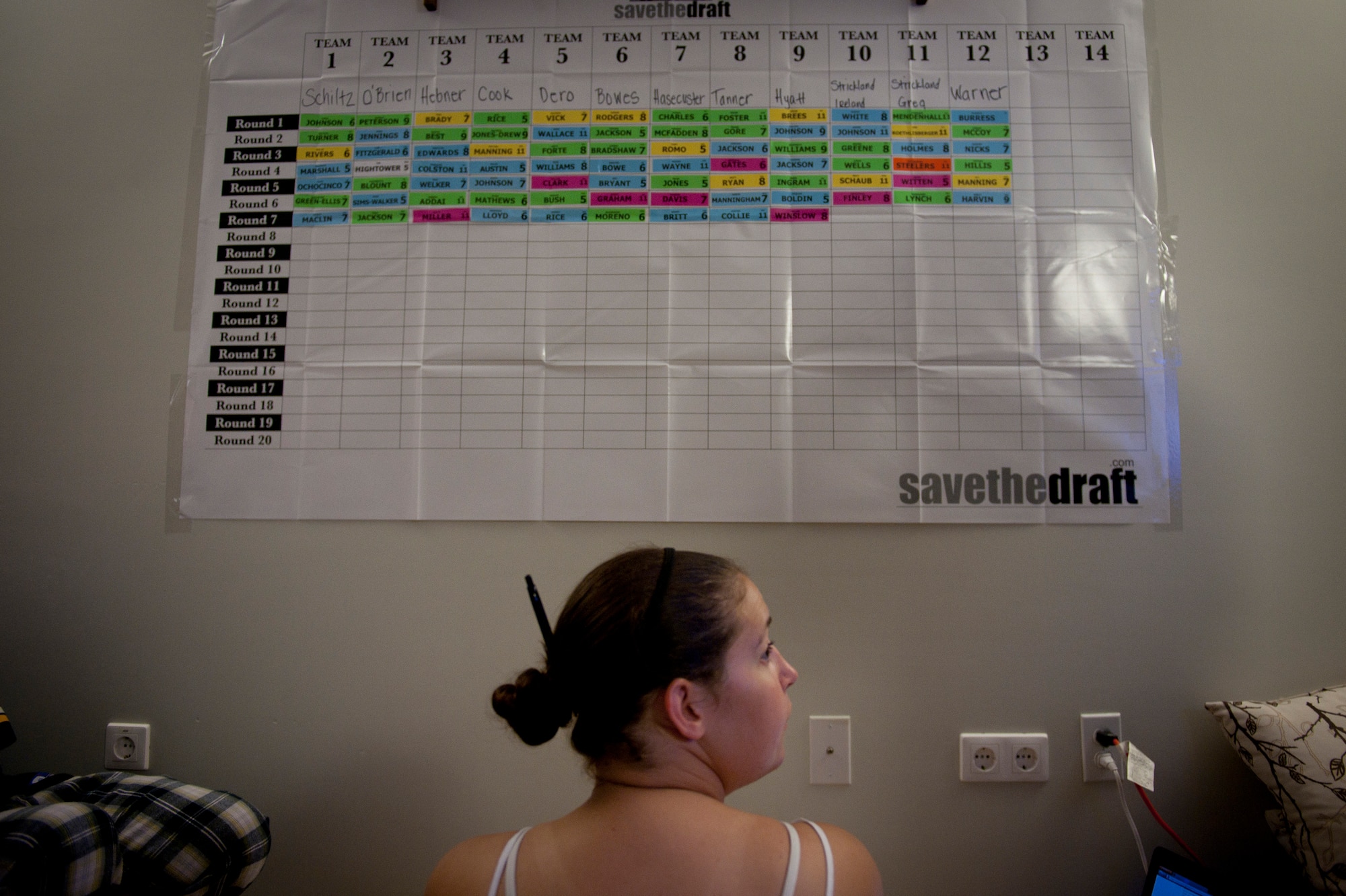 Sara Warner waits to select a player during a fantasy football draft Sept. 2, 2011, at Incirlik Air Base, Turkey. Fantasy drafts can be online, but a group of Incirlik Airmen, spouses and contractors decided to participate in a live draft. This type offers participants an opportunity to socialize and build camaraderie. (U.S. Air Force photo by Tech. Sgt. Michael B. Keller/Released)