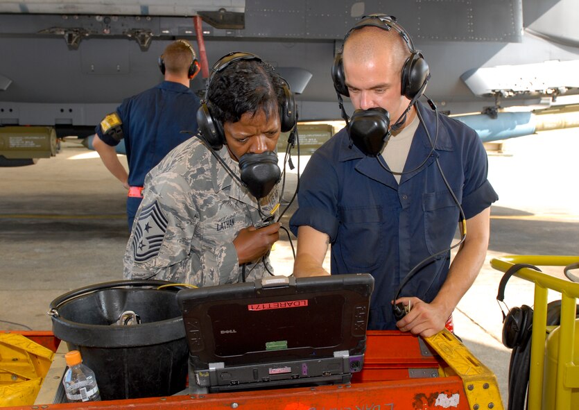 KUNSAN AIR BASE, Republic of Korea -- Staff Sgt. Jacob Mitchell, 494th Aircraft Maintenance Unit crew chief, goes over pre-launch procedures with Chief Master Sgt. SaRita Lathan, 48th Fighter Wing command chief, during the chief’s visit from RAF Lakenheath, England, here Sept. 2. (U.S. Air Force photo/ Senior Airman Benjamin Stratton)