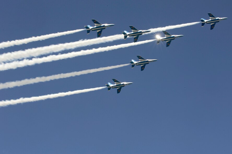 MISAWA AIR BASE, Japan - The Japan Air Self-Defense Force demonstration team "Blue Impulse" performs a fly-by during Misawa's 32nd-annual air fest Sept. 4. Air Fest 2011 was an opportunity for approximately 100,000 attendees to see eight aerial demonstrations with 19 static displays of JASDF, U.S. Air Force, U.S. Navy aircraft and private aircraft operators. Air Fest 2011 also marked the last flight of Miss Veedol, a single-engine aircraft that, in 1931, flew non-stop across the Pacific Ocean from Sabishiro Beach, Misawa, Japan to Wenatchee, Washington, U.S. (U.S. Air Force photo/Tech. Sgt. Marie Brown)